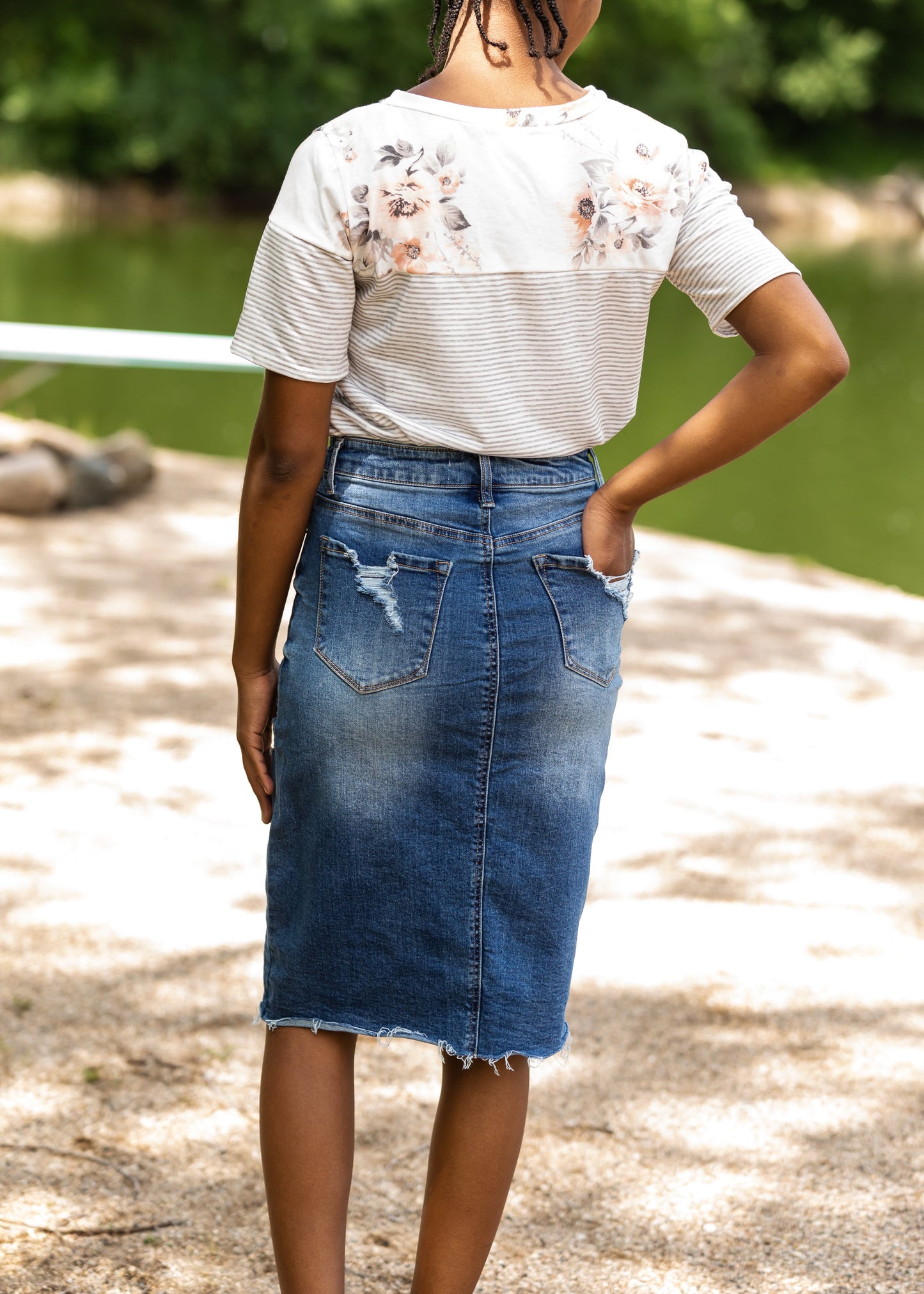 High Rise Distressed Denim Midi Skirt - FINAL SALE Skirts