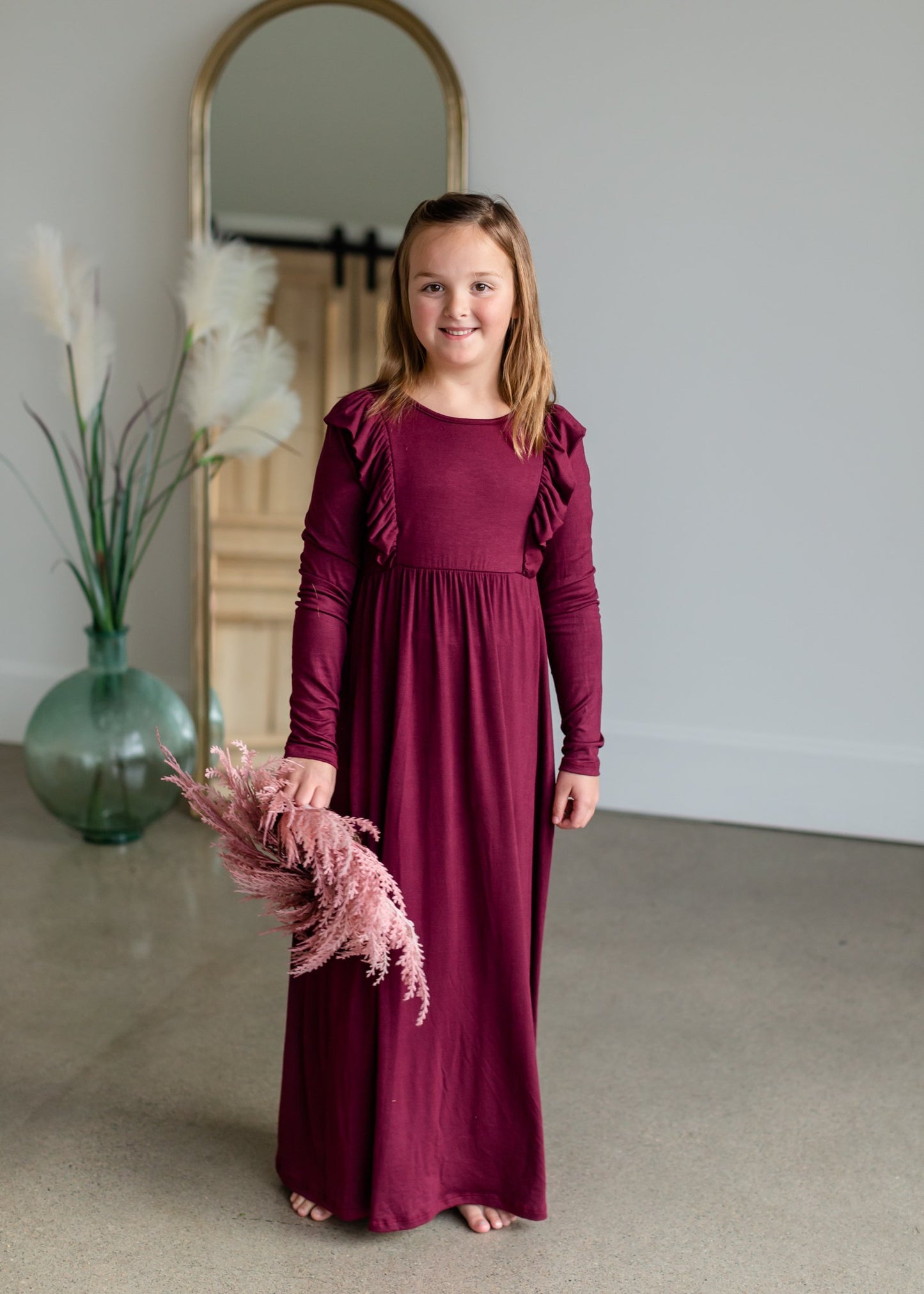 High Waist Ruffle Detail Long Sleeve Maxi Dress Girls GTOG