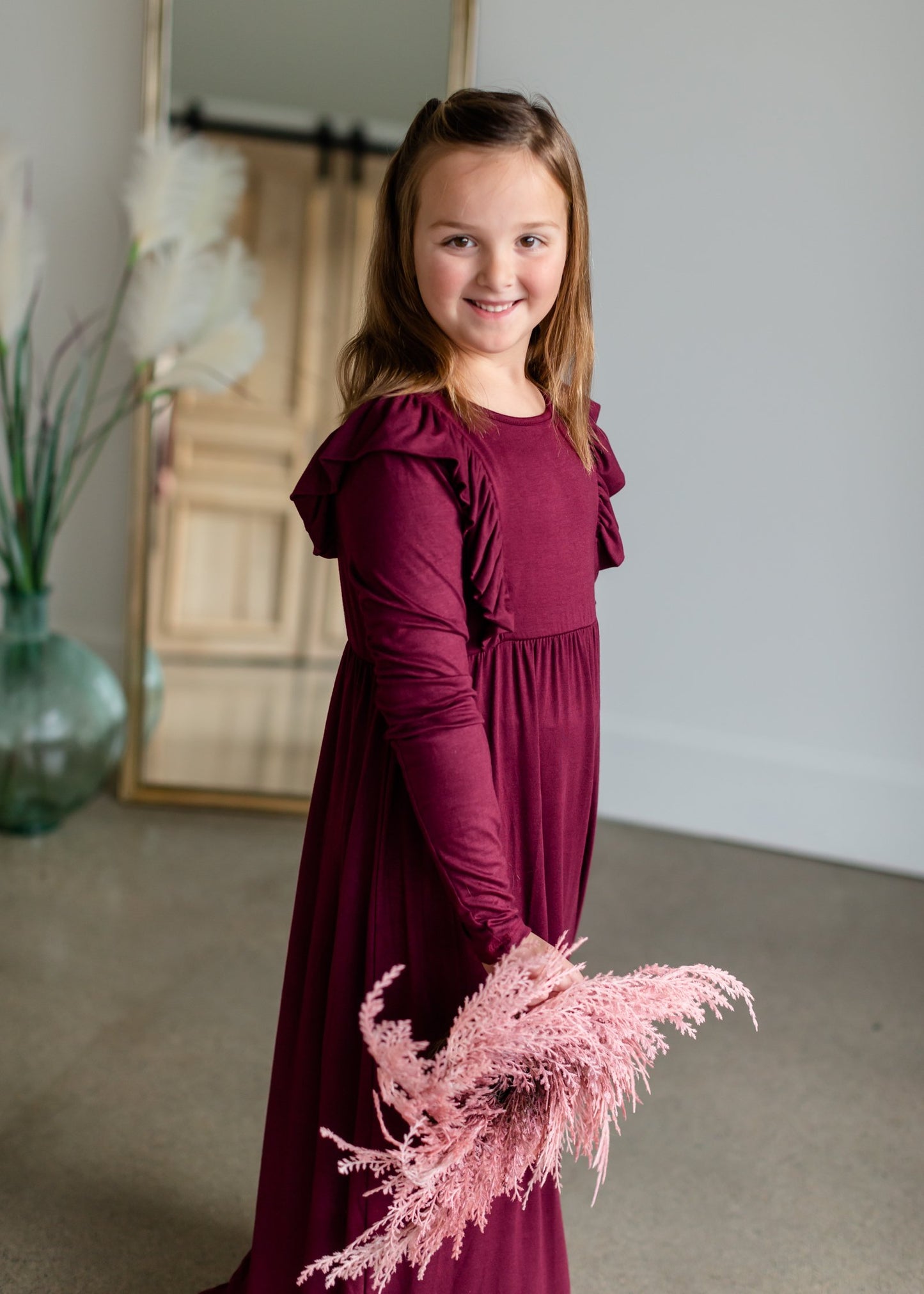 High Waist Ruffle Detail Long Sleeve Maxi Dress Girls GTOG