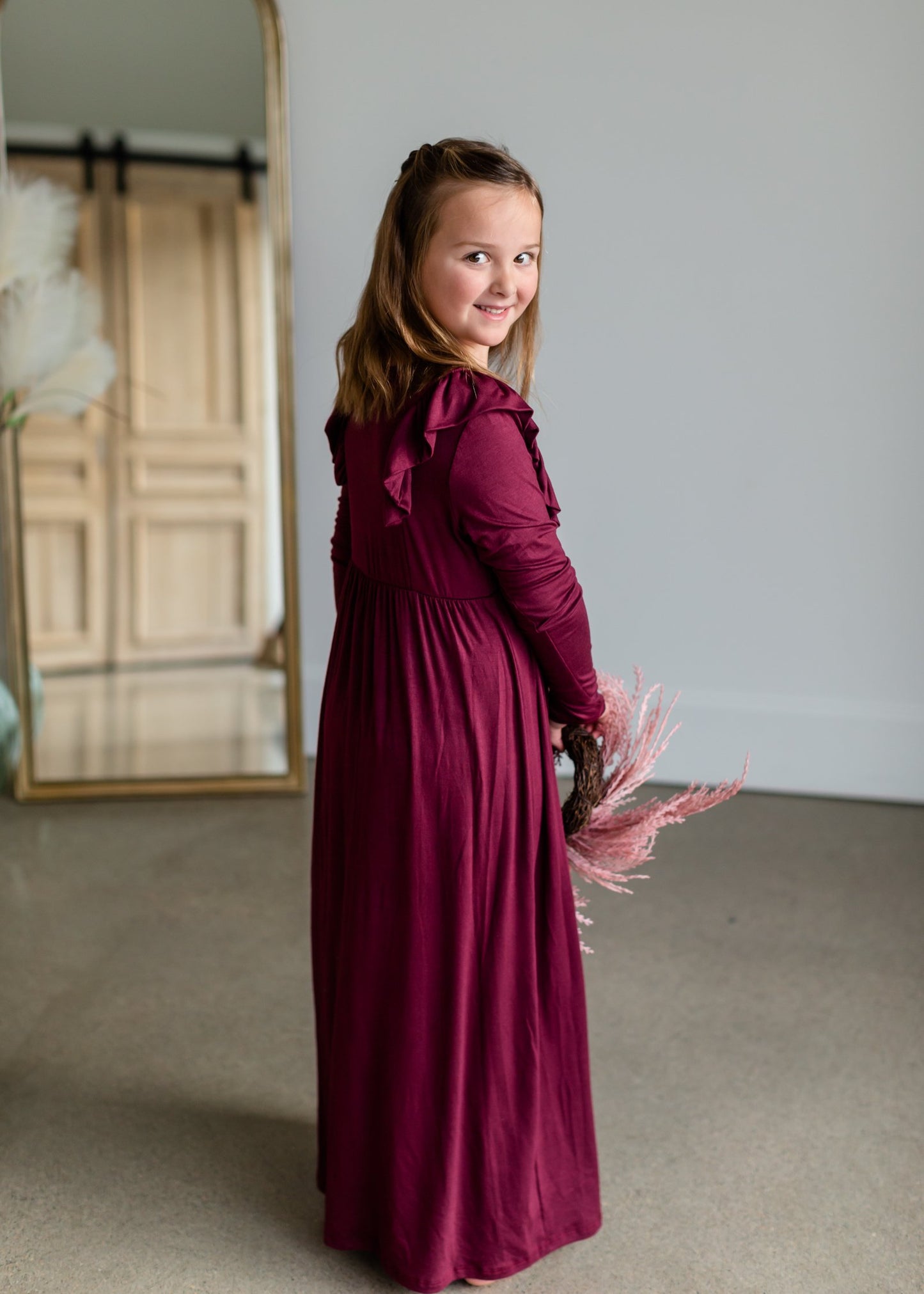 High Waist Ruffle Detail Long Sleeve Maxi Dress Girls GTOG