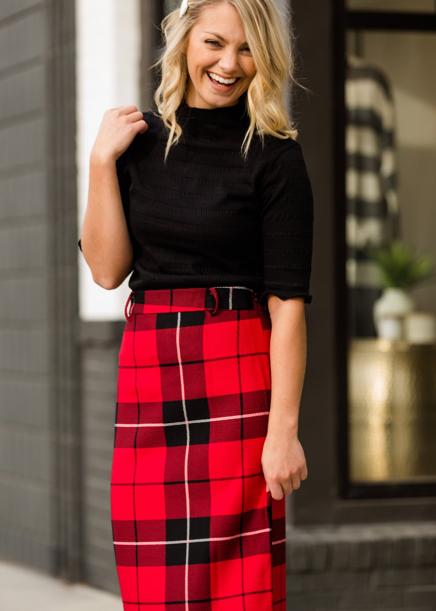High Waisted Buffalo Check Midi Skirt - FINAL SALE Skirts