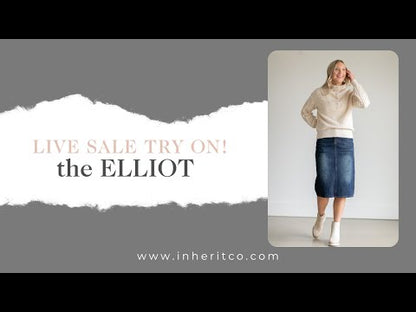 The Elliot Dark Was Midi Skirt is an Inherit Design you're going to wear year round! It has minimal monkey washing, a pink accent tab on the back pocket and a minimalistic dark denim that will be a closet staple! It is tailored in a straight cut with a slit in the back for maximum walkability! You're going to love dressing this up or throwing on to go run errands!