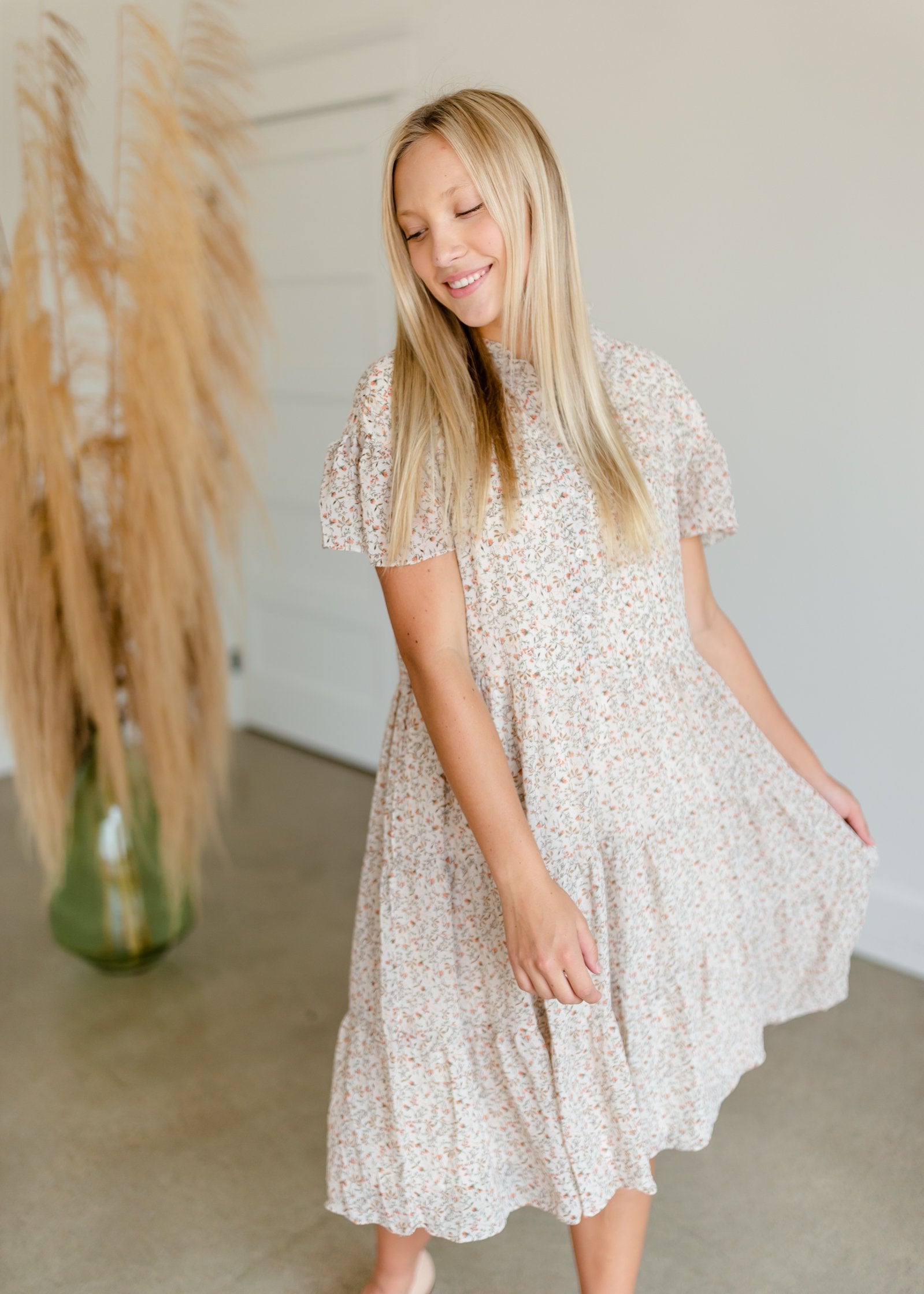 Caitlin Button Front Floral Accent Dress Olive