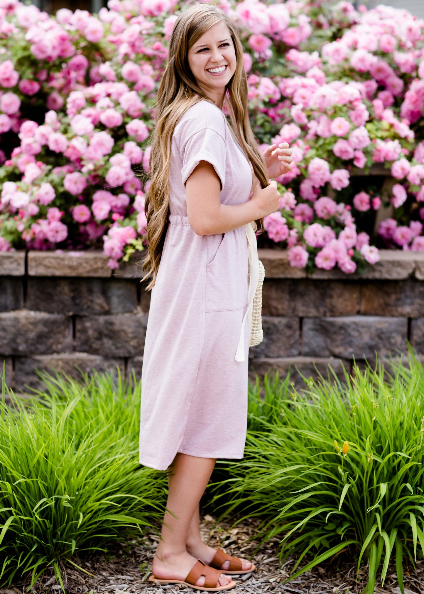 Lilac pocket and tie waist midi dress