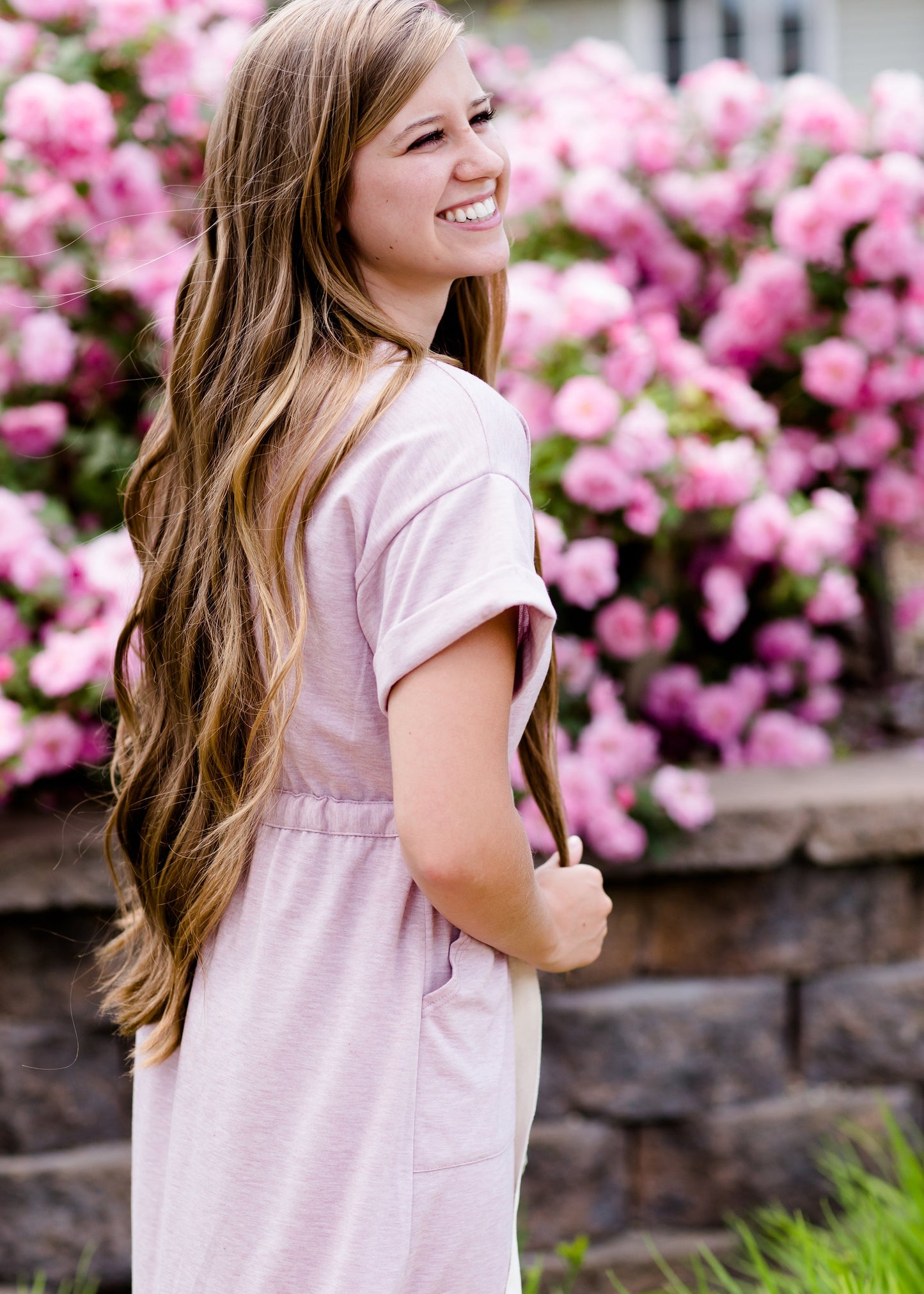 Lilac pocket and tie waist midi dress