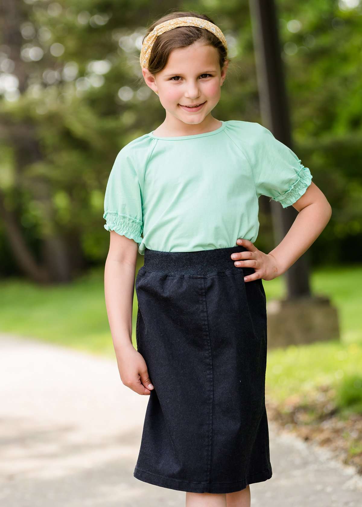 little girls modest purple, mint or black denim midi skirt