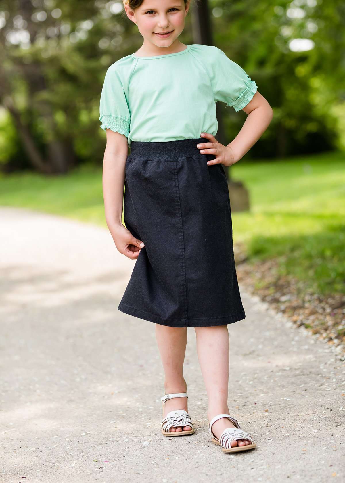 little girls modest purple, mint or black denim midi skirt