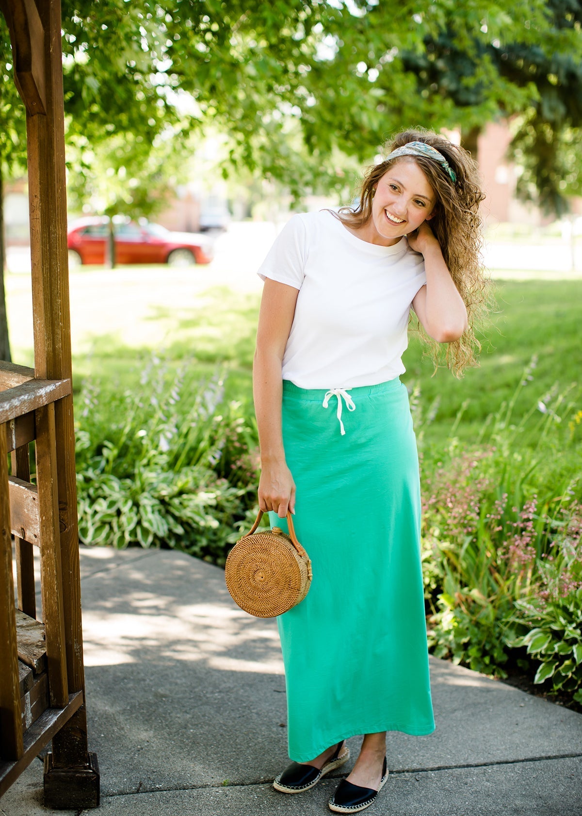 Emerald, coral, and gray midi and maxi modest skirts