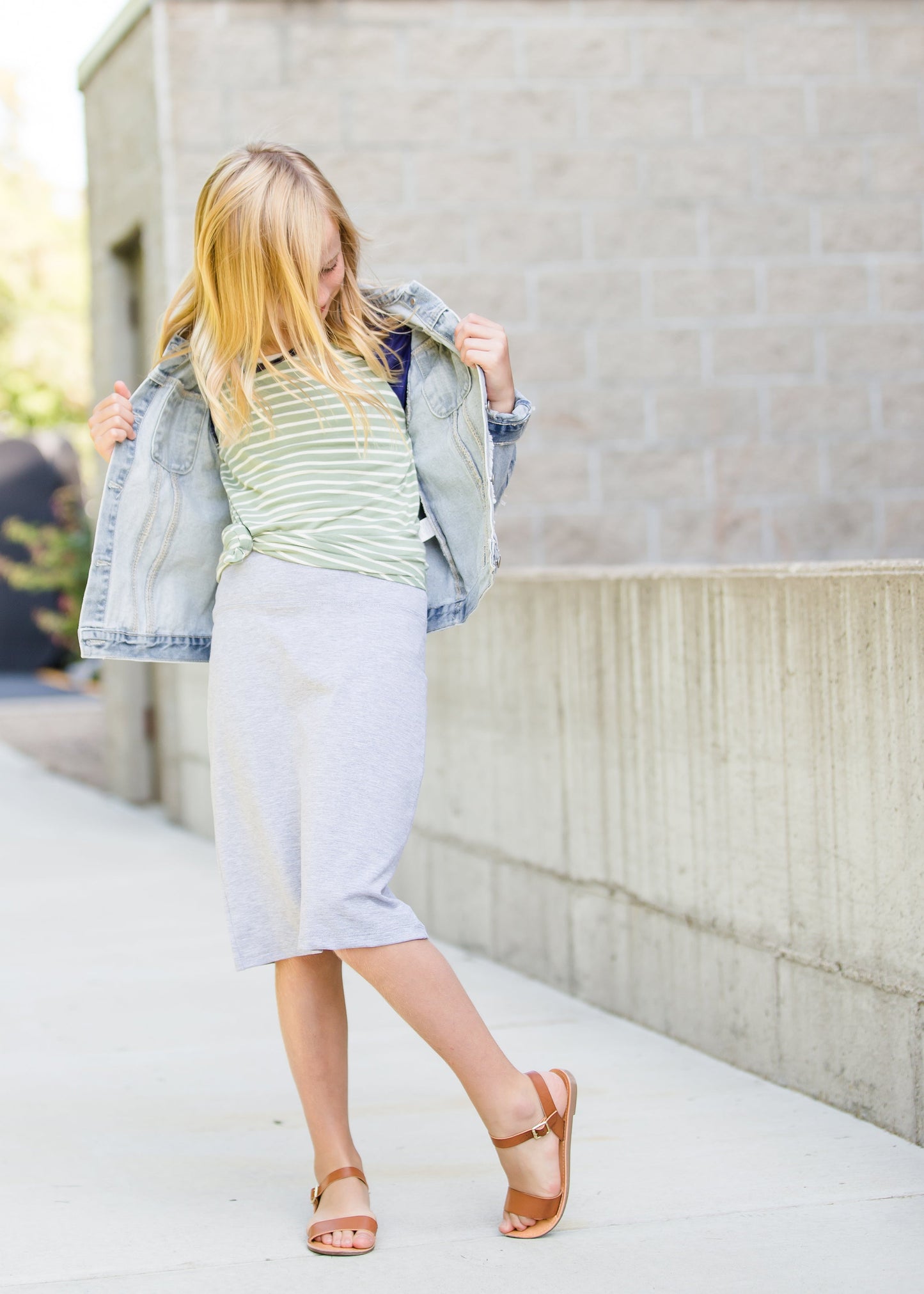 girls knit stretch waist midi skirt in black, gray or tan