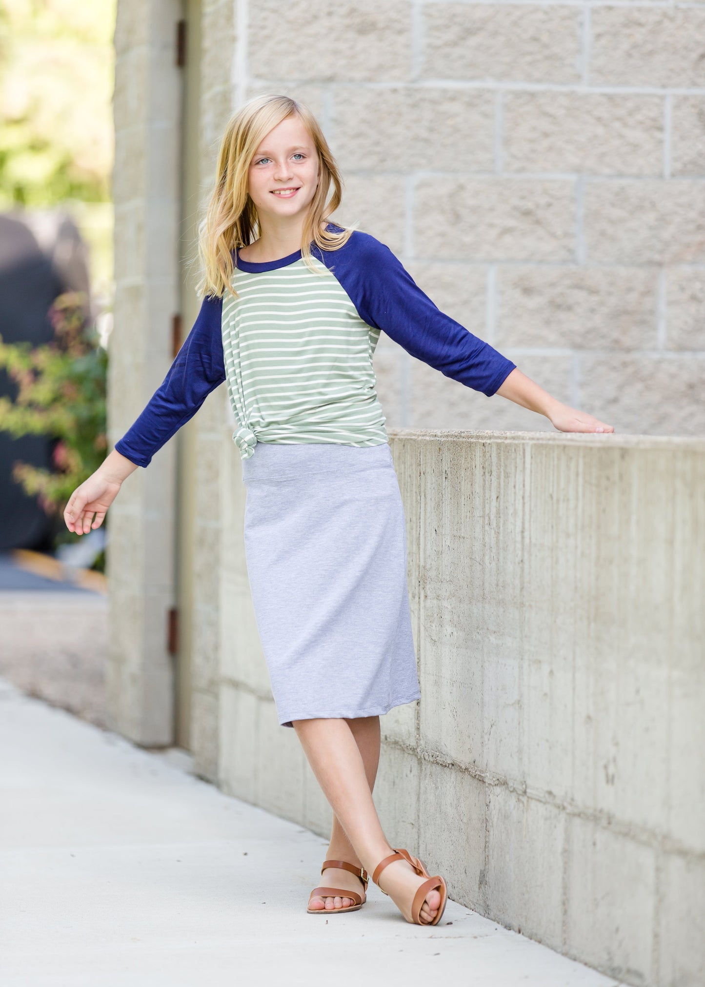 girls knit stretch waist midi skirt in black, gray or tan