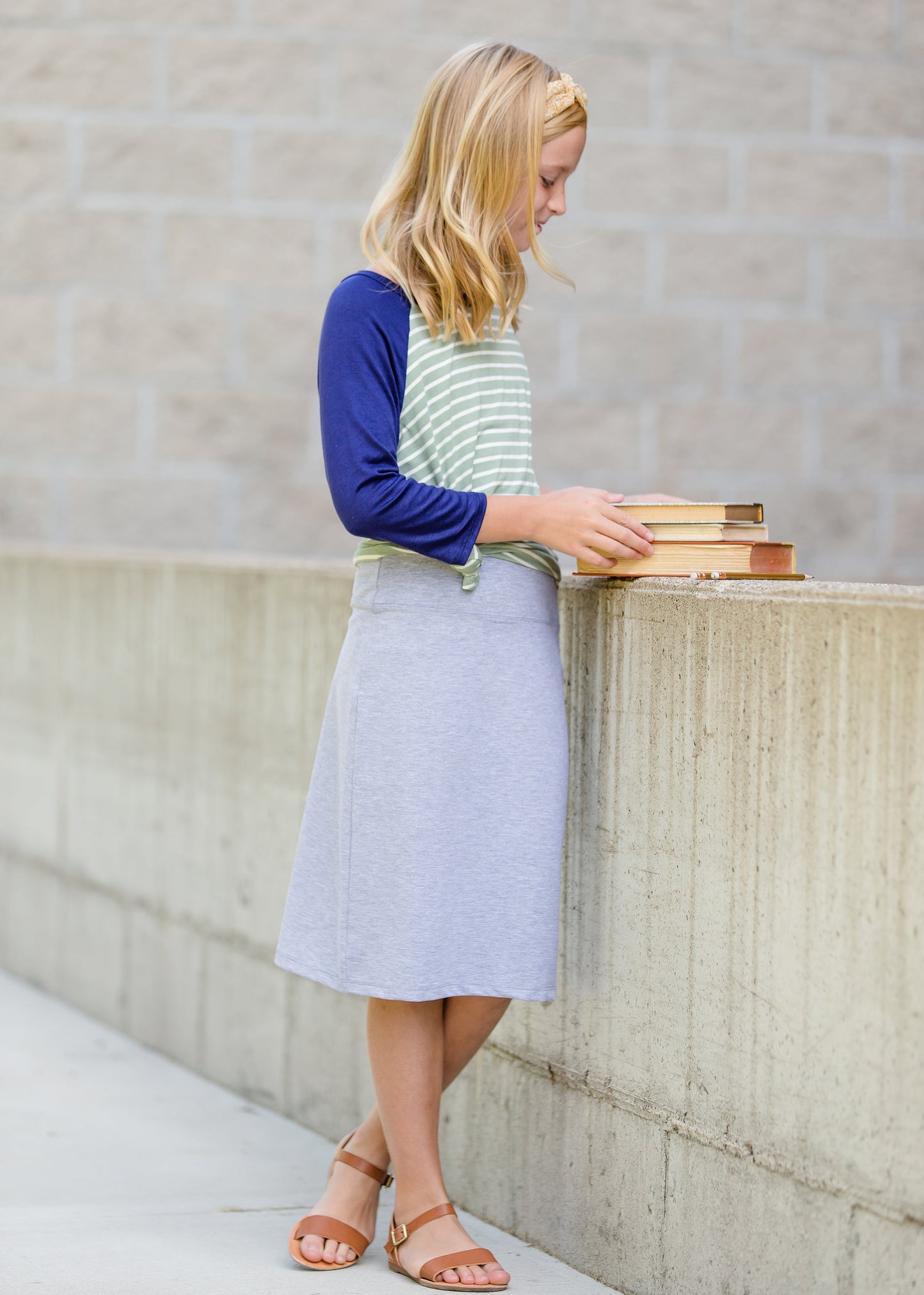 girls knit stretch waist midi skirt in black, gray or tan