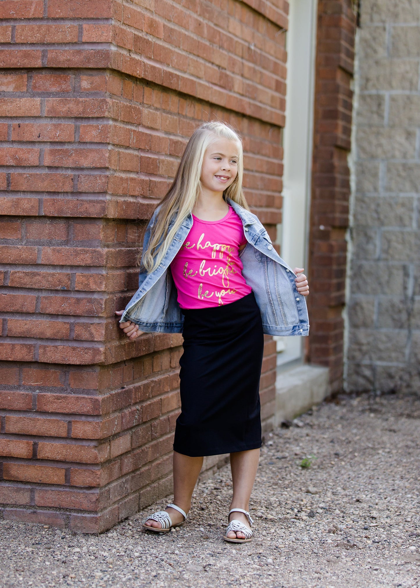 girls knit stretch waist midi skirt in black, gray or tan