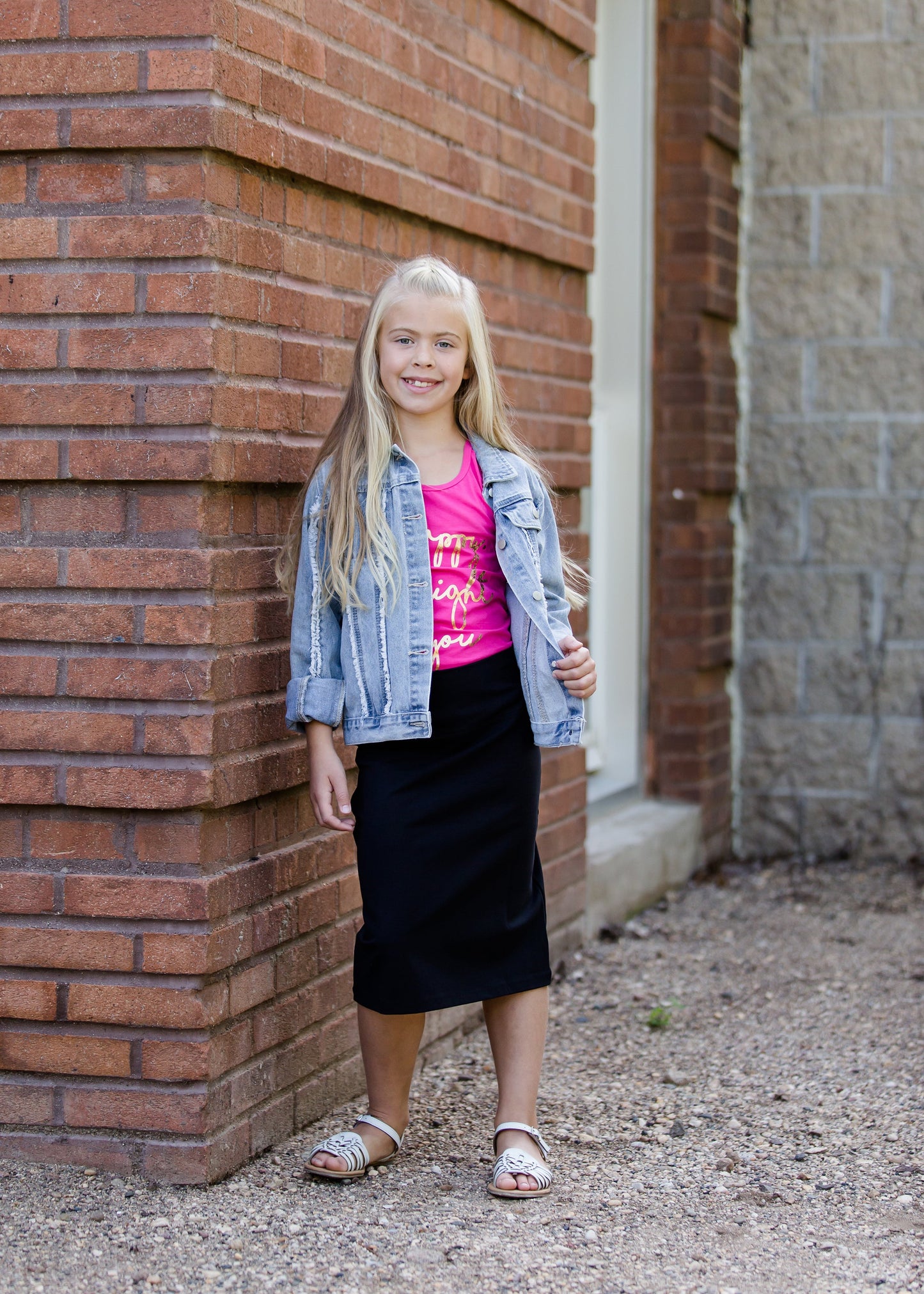 girls knit stretch waist midi skirt in black, gray or tan