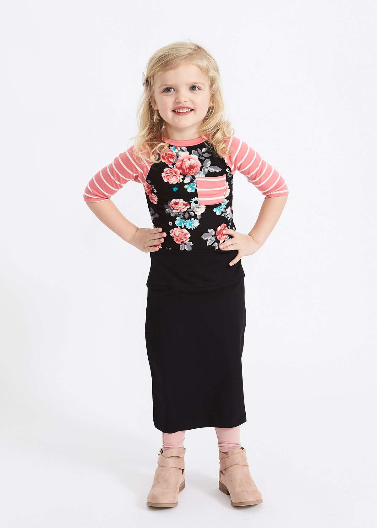 girls knit stretch waist midi skirt in black, gray or tan