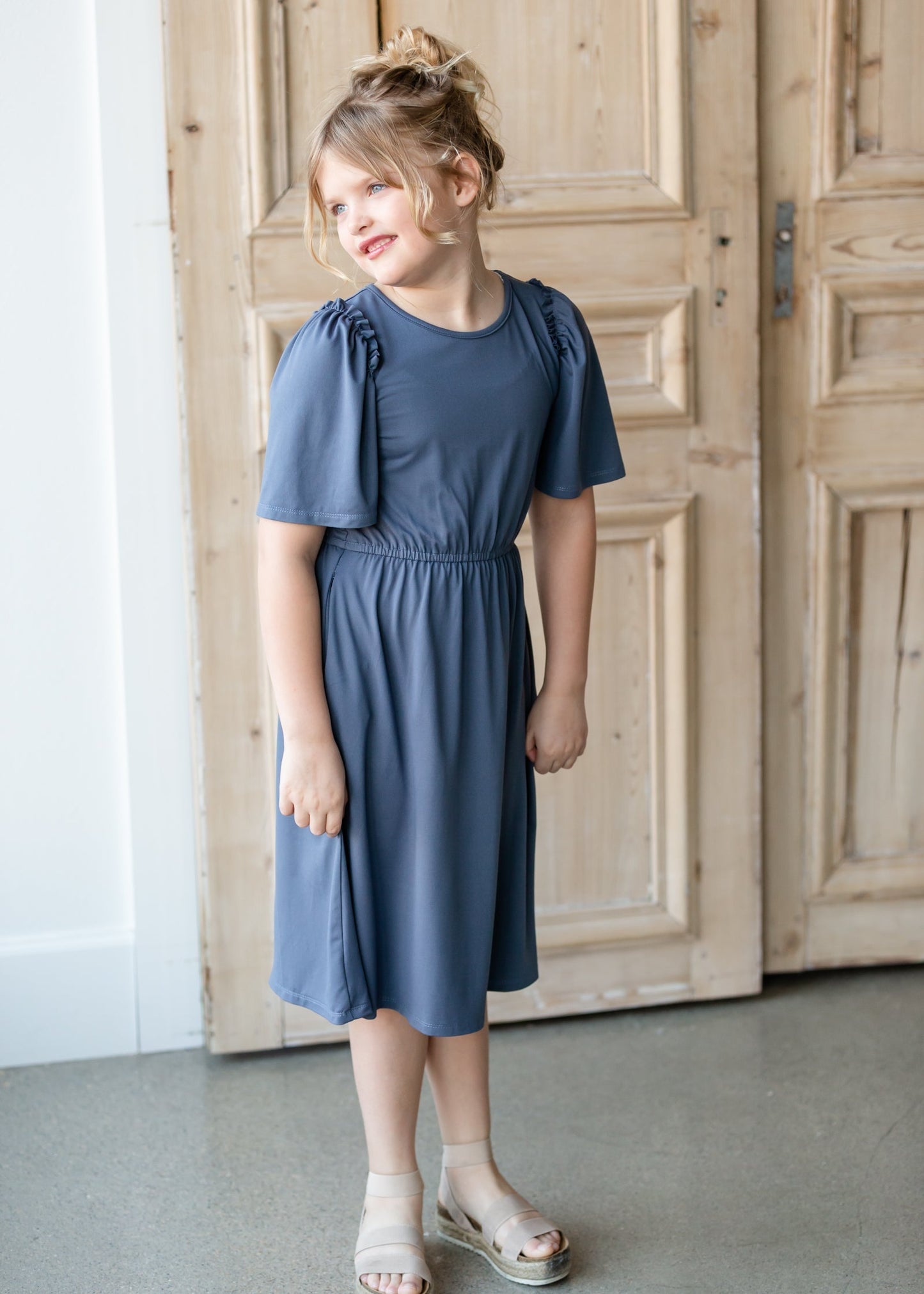Kinsley Girls Dusty Blue Flutter Sleeve Midi Dress Dresses Dongguan Haohoo Clothing