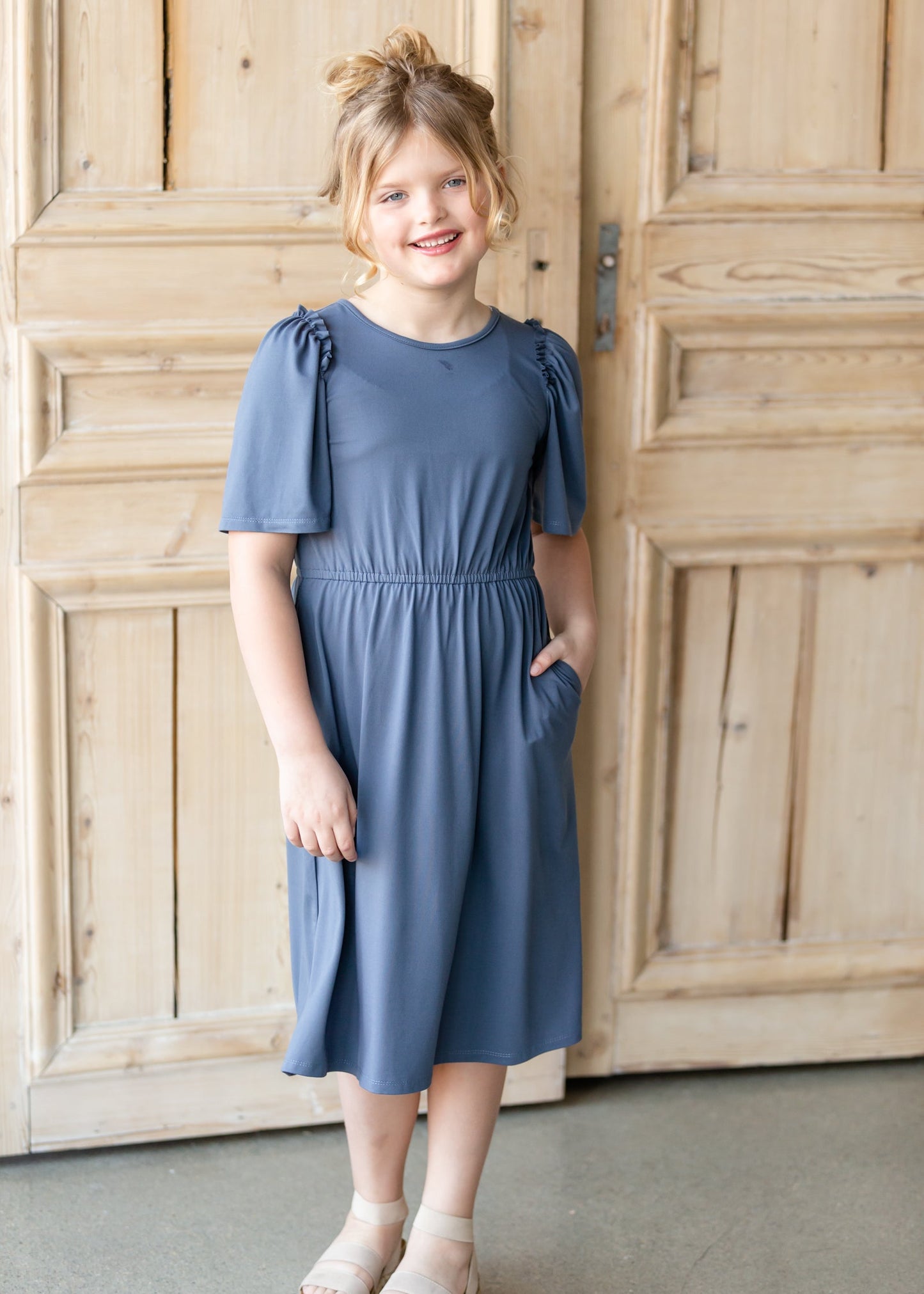 Kinsley Girls Dusty Blue Flutter Sleeve Midi Dress Dresses Dongguan Haohoo Clothing