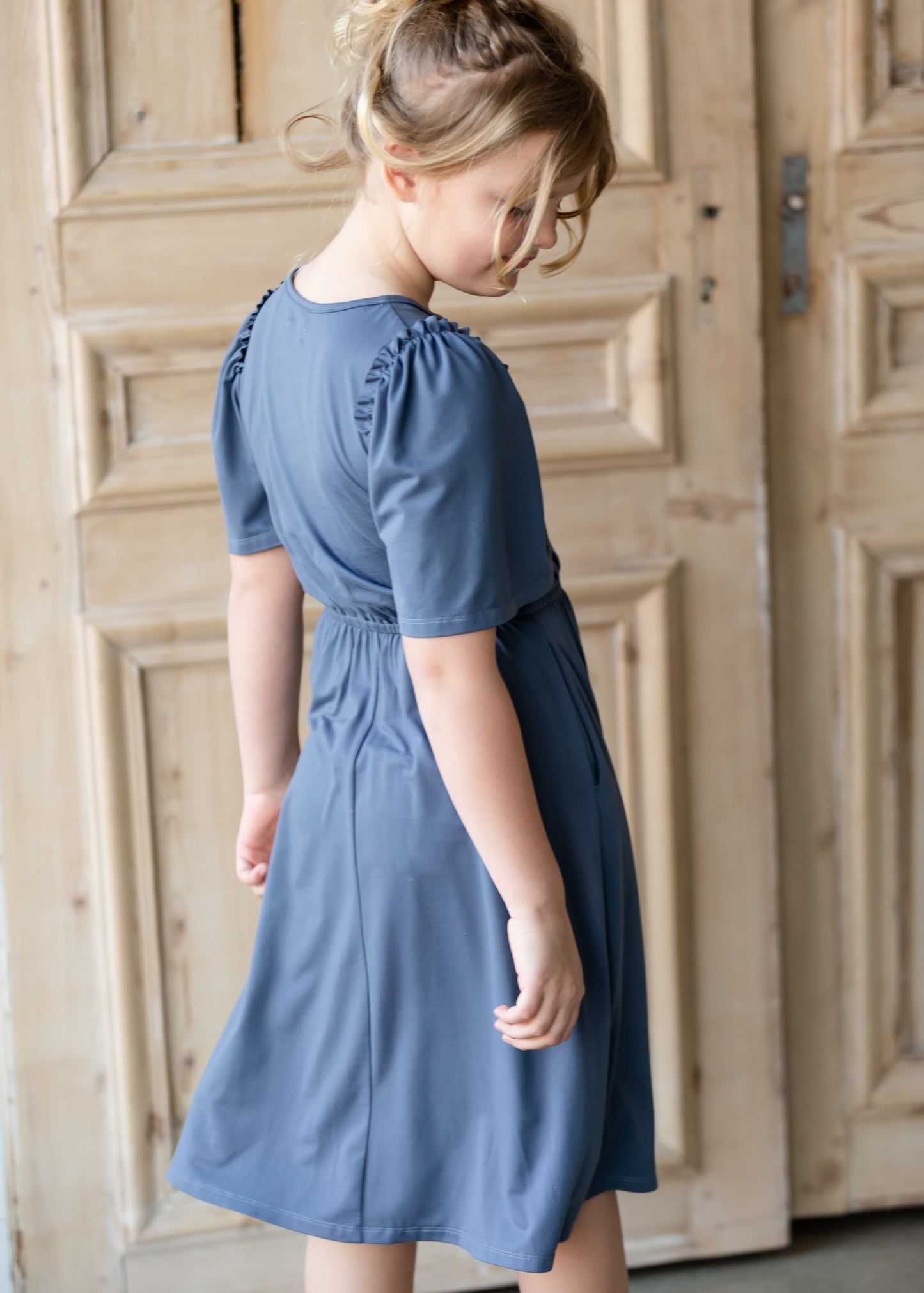 Kinsley Girls Dusty Blue Flutter Sleeve Midi Dress Dresses Dongguan Haohoo Clothing