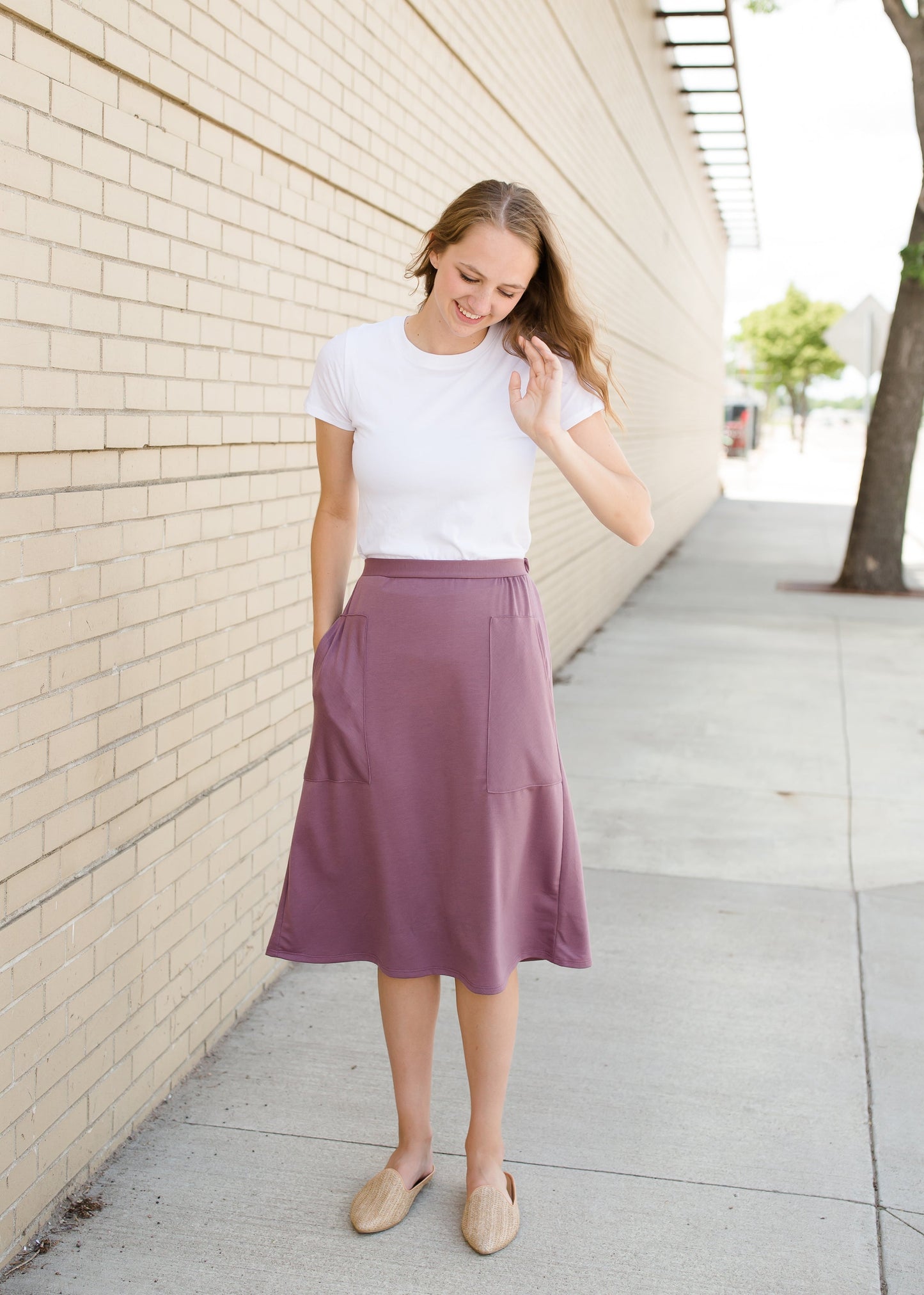 Mauve and Black Knit Midi Skirt With Pockets