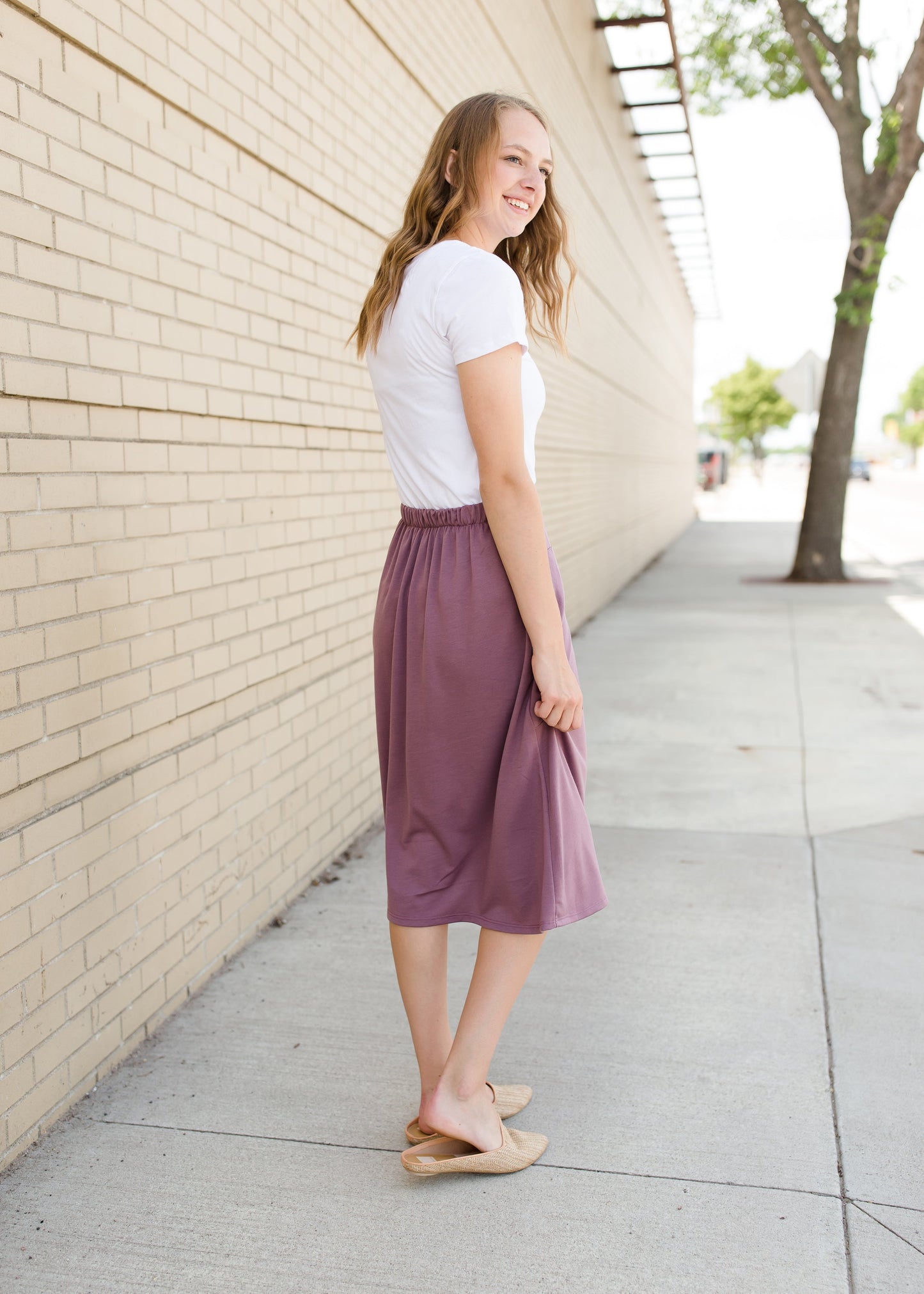 Mauve and Black Knit Midi Skirt With Pockets