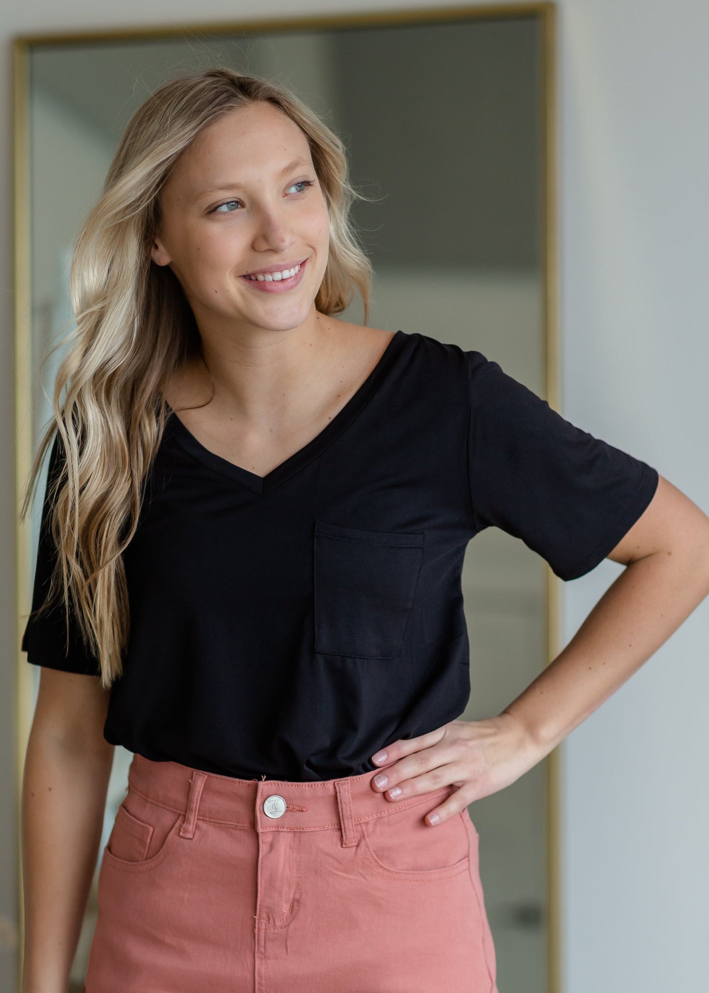 Knit V-Neck Front Pocket Tee Shirt Zenana