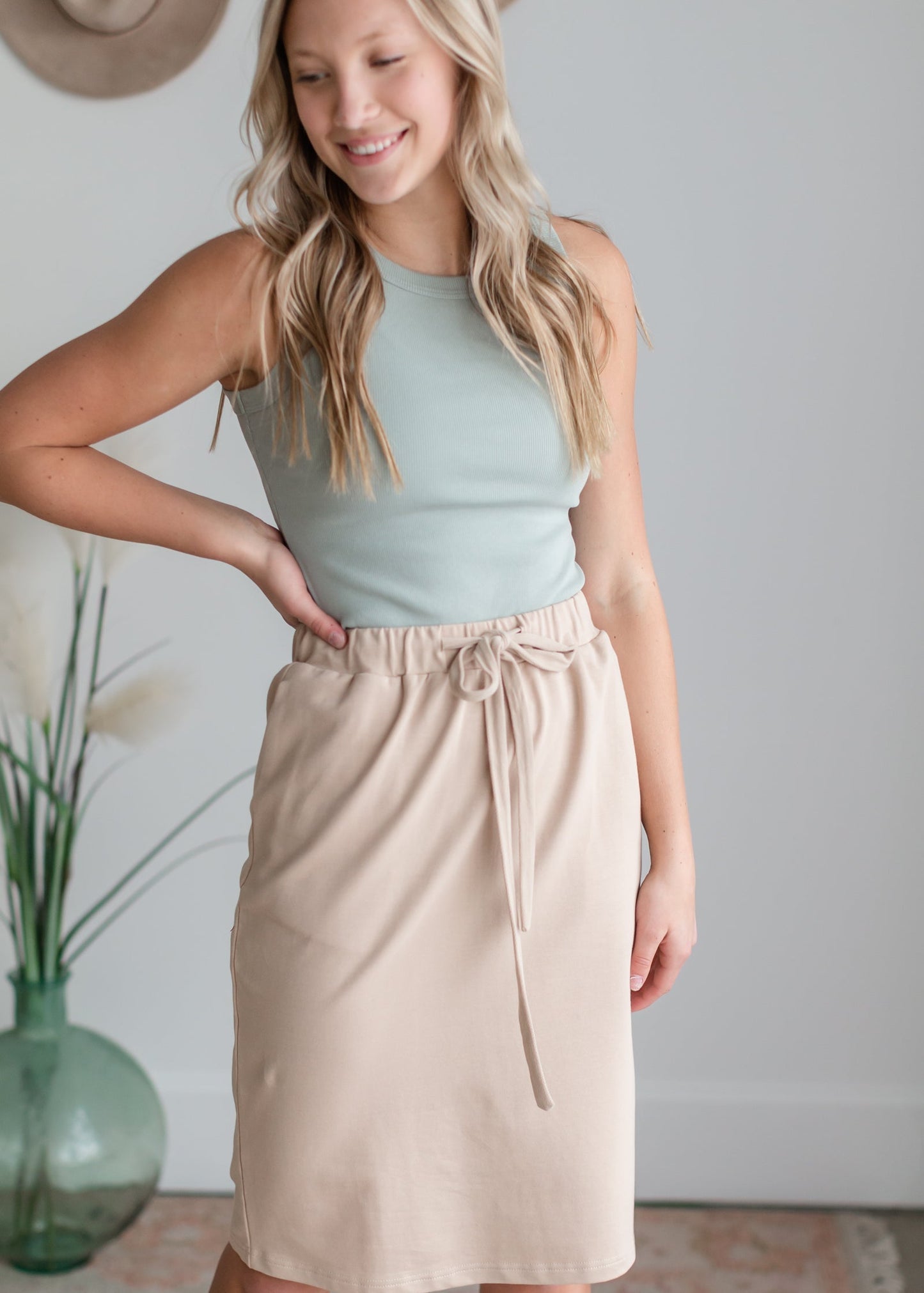 Krista Khaki Drawstring Midi Skirt Skirts Inherit