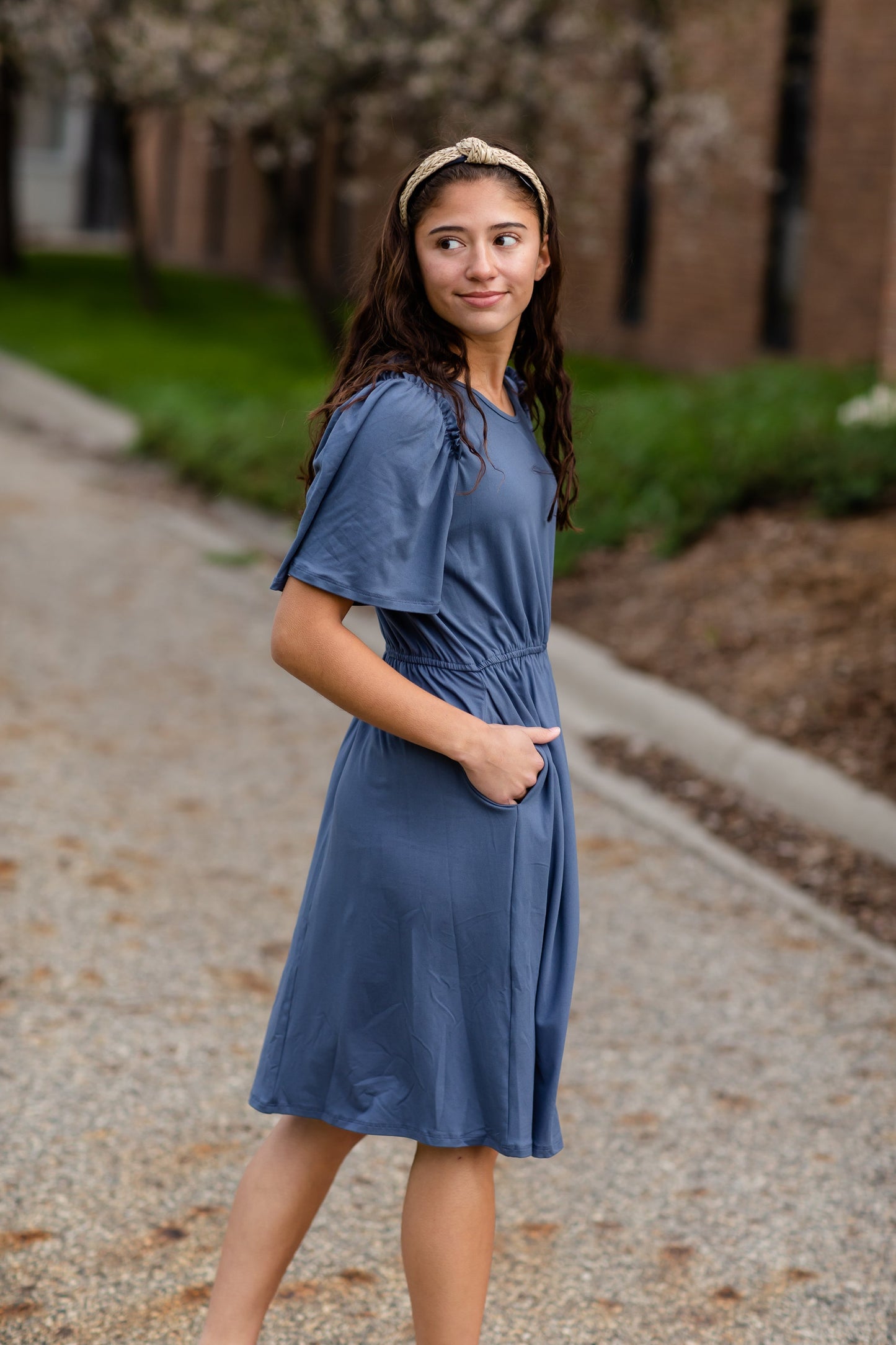 Kylie Dusty Blue Flutter Sleeve Midi Dress Dresses