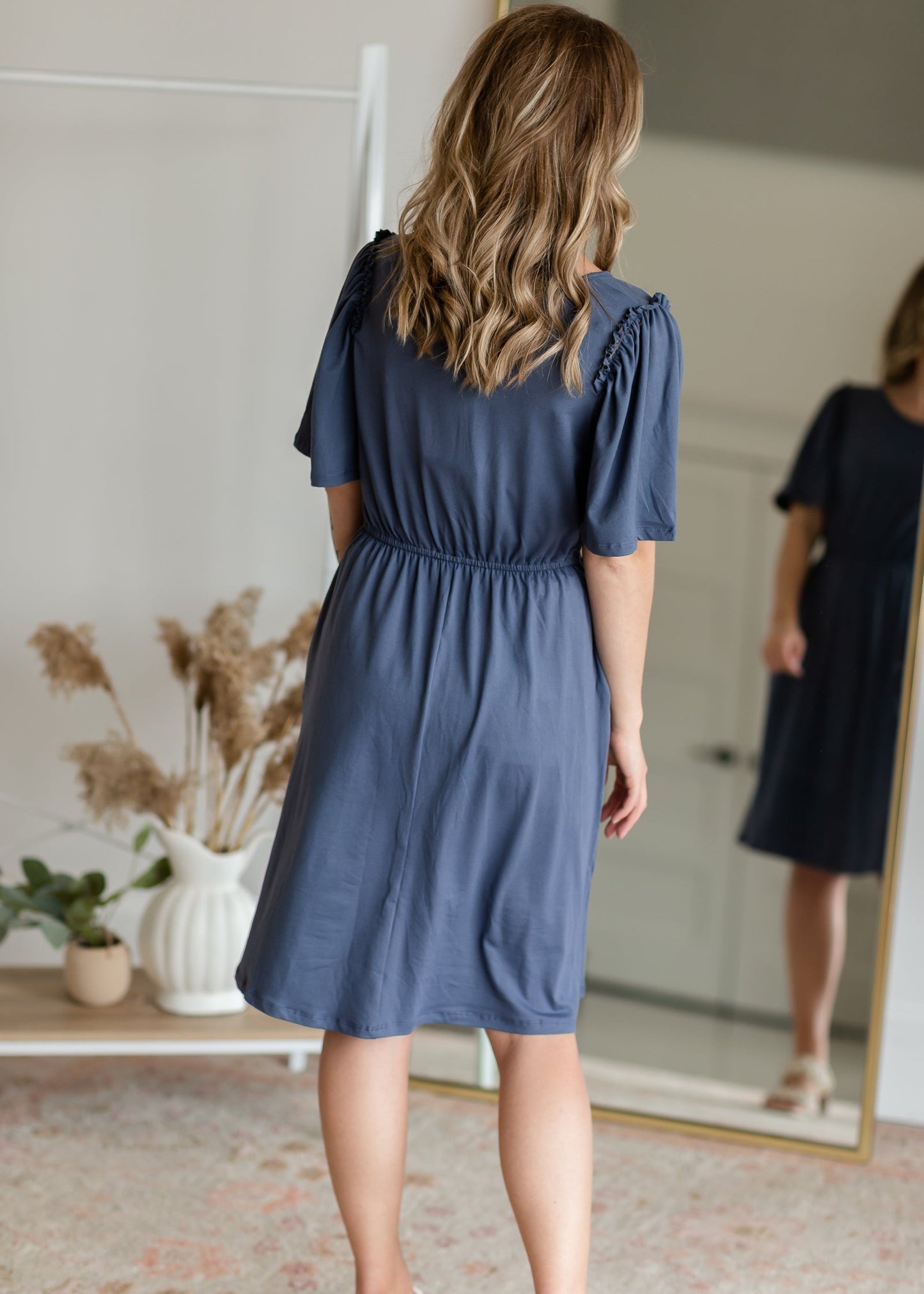 Kylie Dusty Blue Flutter Sleeve Midi Dress Dresses Dongguan Haohoo Clothing