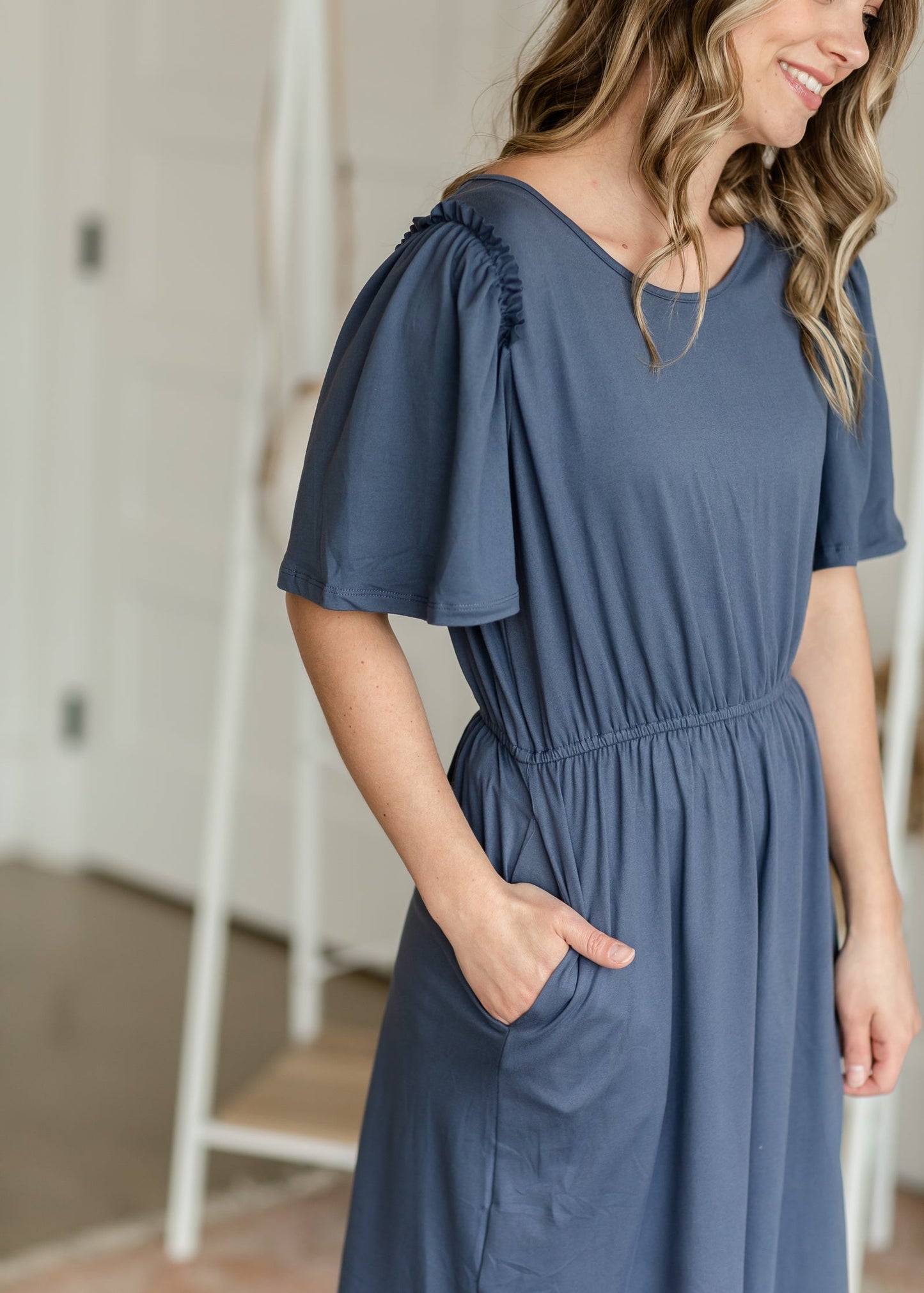 Kylie Dusty Blue Flutter Sleeve Midi Dress Dresses Dongguan Haohoo Clothing