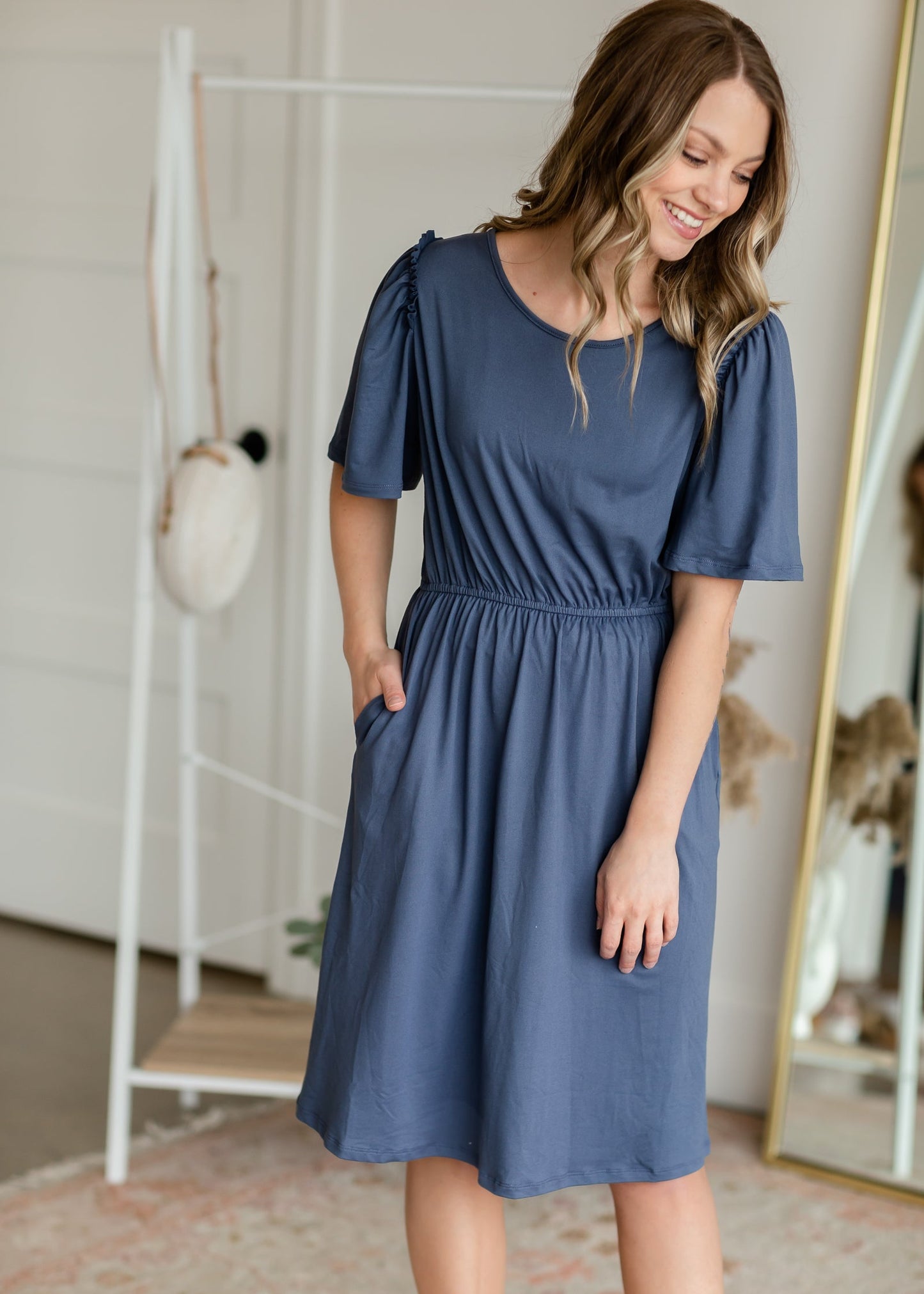 Kylie Dusty Blue Flutter Sleeve Midi Dress Dresses Dongguan Haohoo Clothing