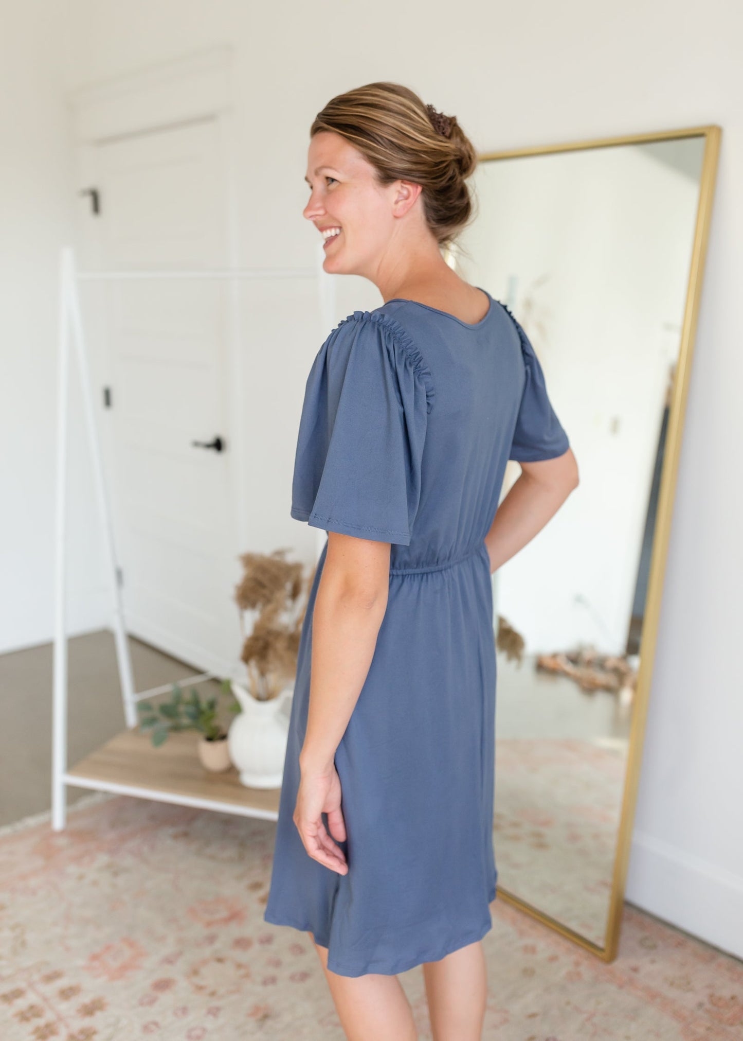 Kylie Dusty Blue Flutter Sleeve Midi Dress Dresses Dongguan Haohoo Clothing