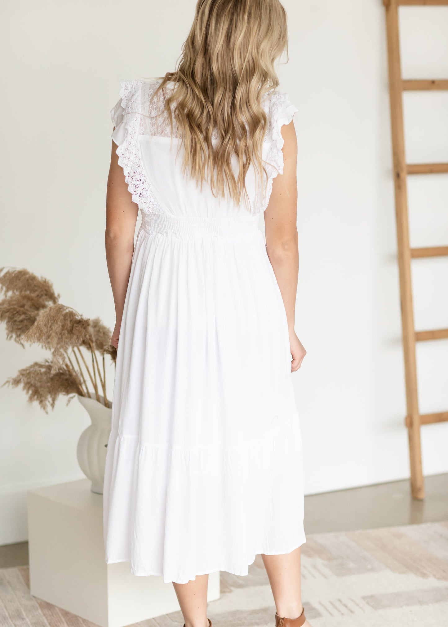 Lace Trim Smocked Waist Midi Dress Dresses