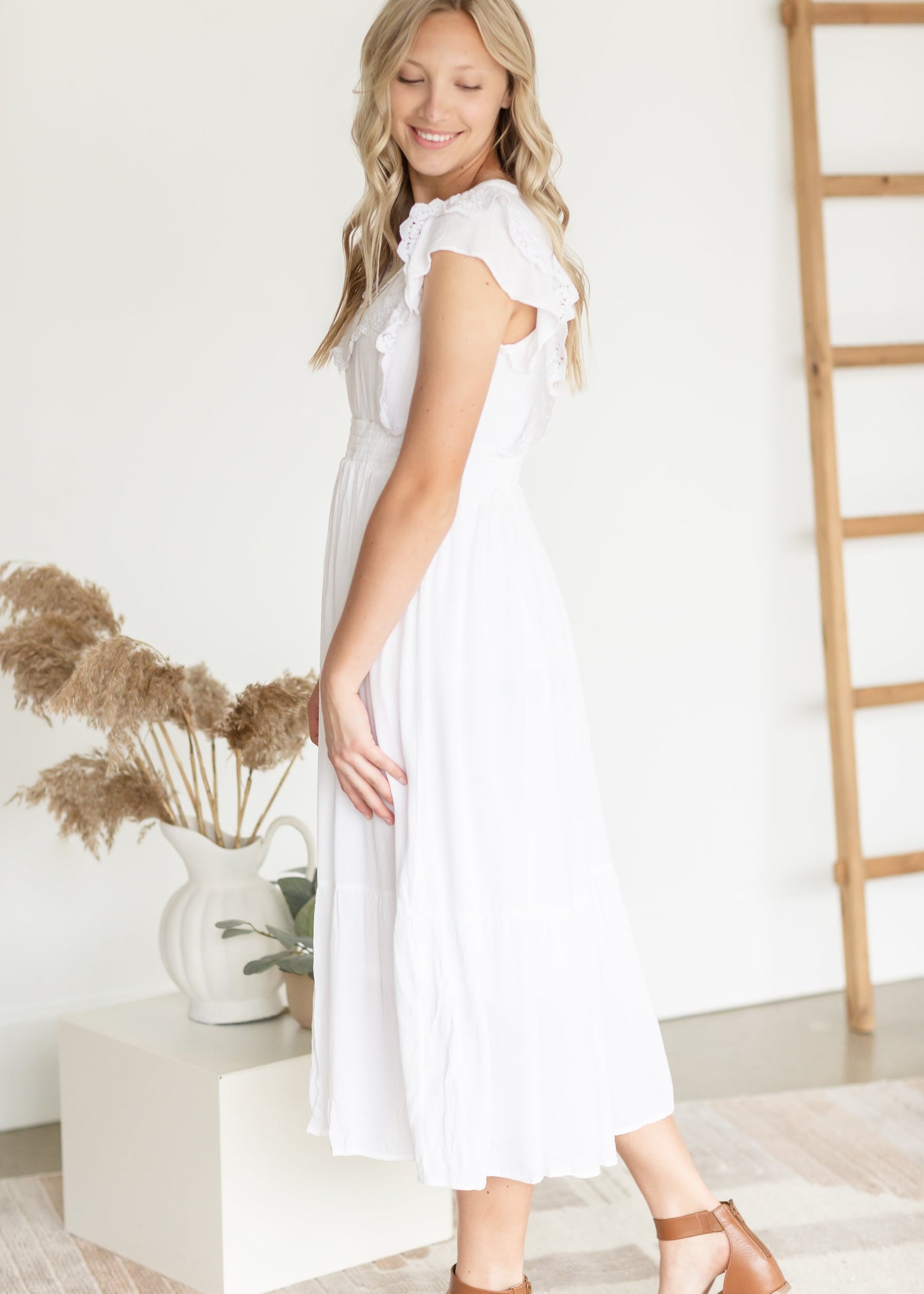 Lace Trim Smocked Waist Midi Dress Dresses