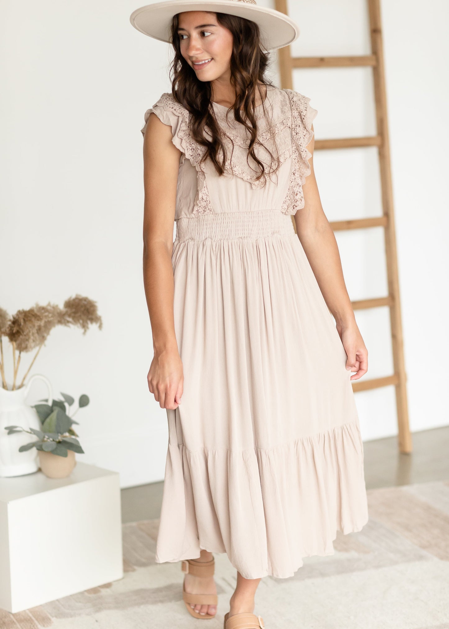 Lace Trim Smocked Waist Midi Dress Dresses Beige / S