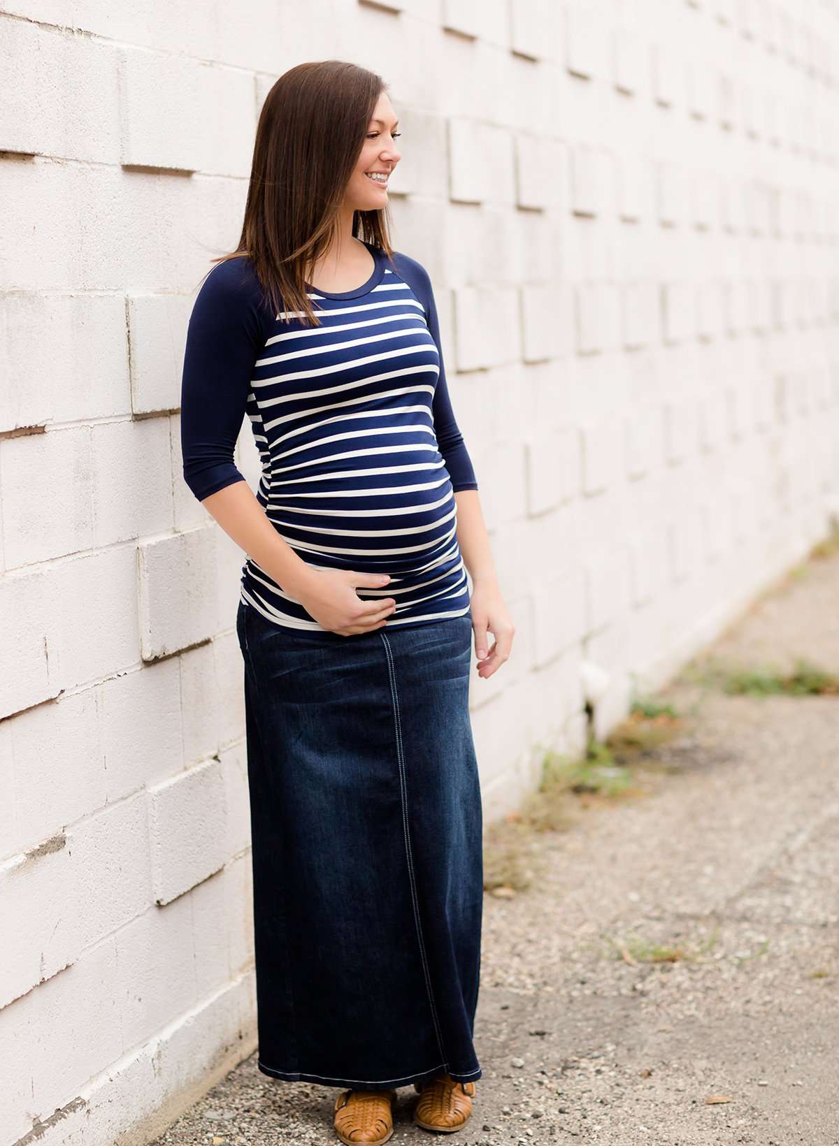 Women's modest black and navy striped raglan maternity shirt