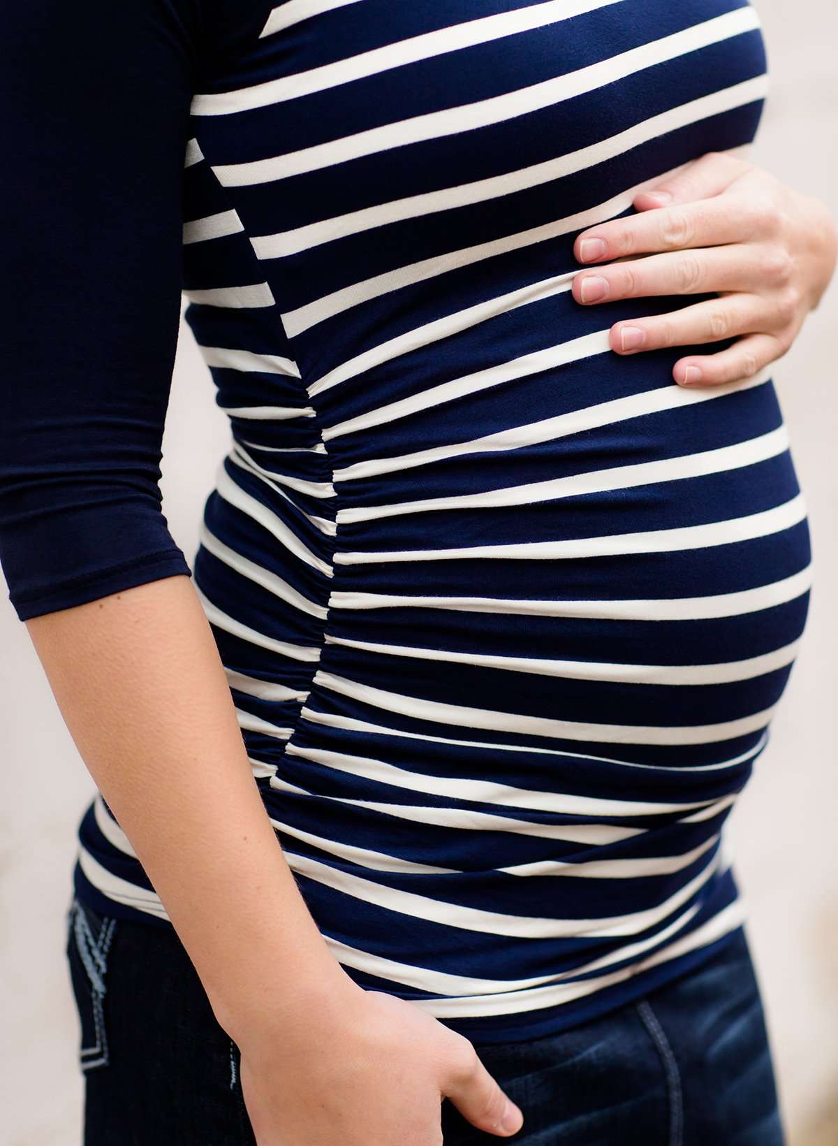 Women's modest black and navy striped raglan maternity shirt