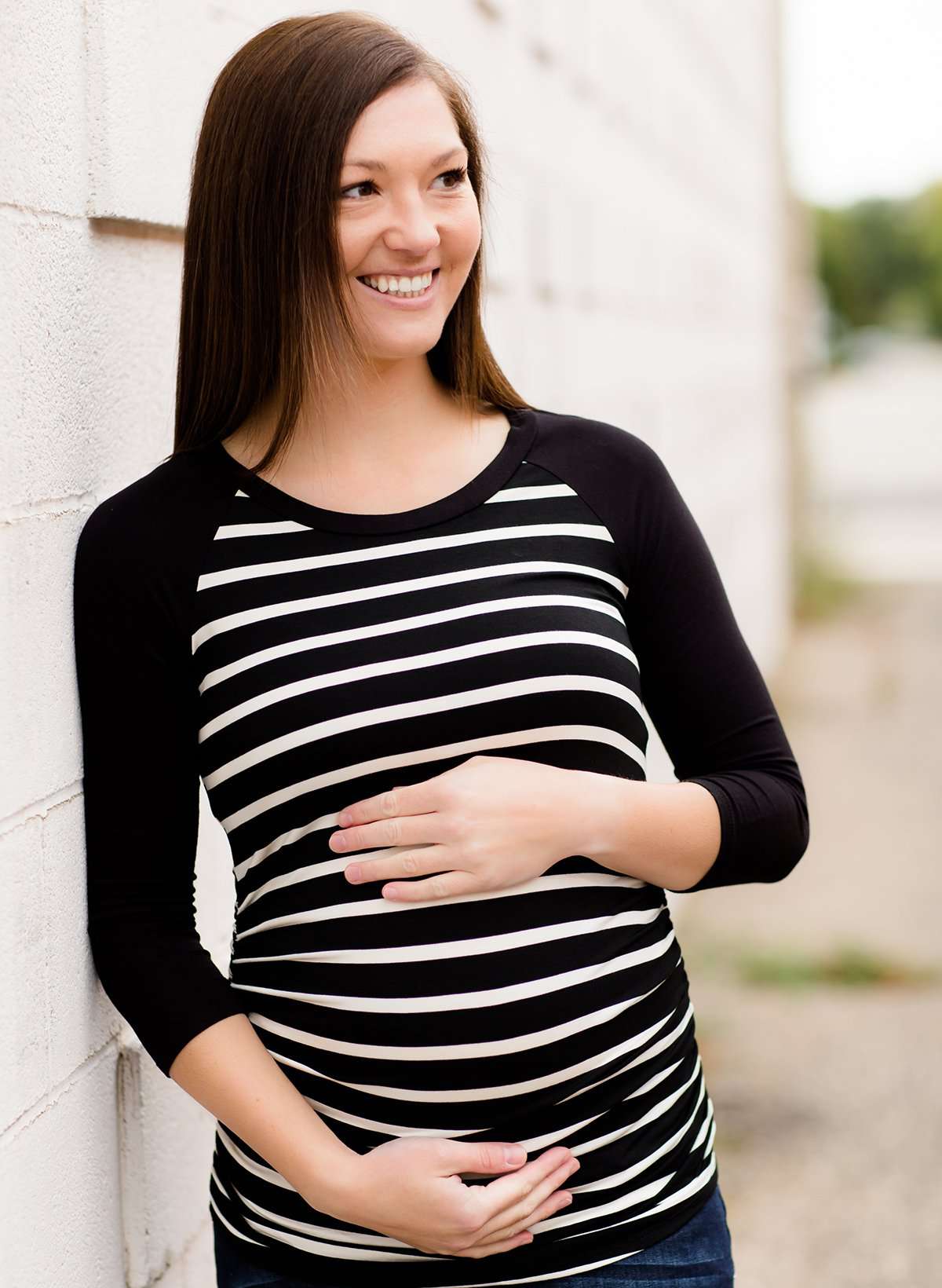 Women's modest black and navy striped raglan maternity shirt