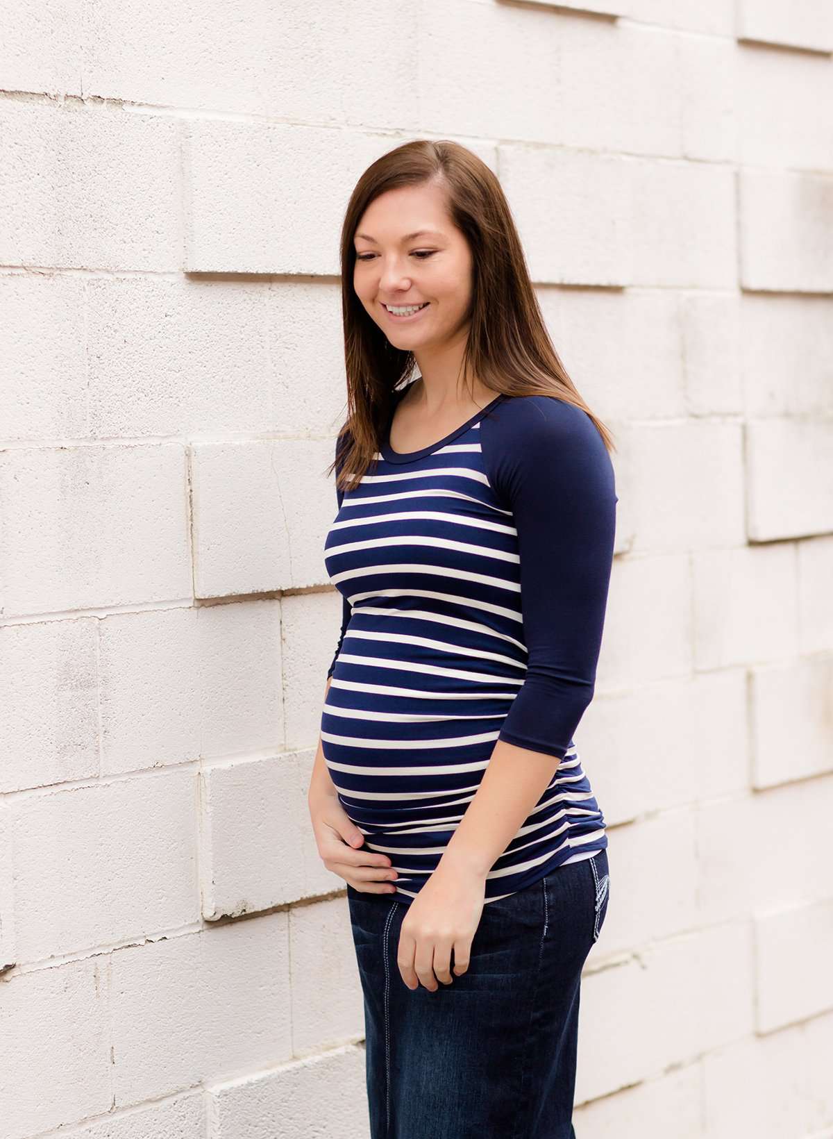 Women's modest black and navy striped raglan maternity shirt