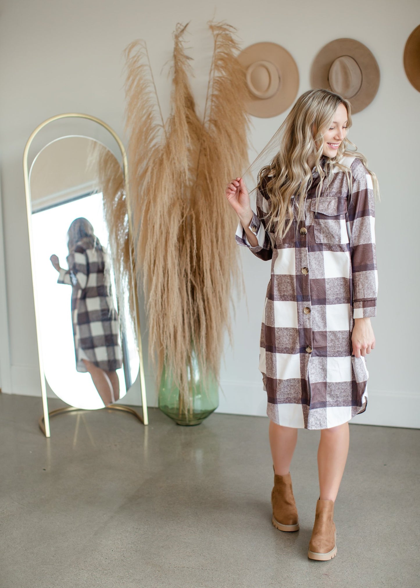 Long Plaid Button Up Shirt Tops May Blue