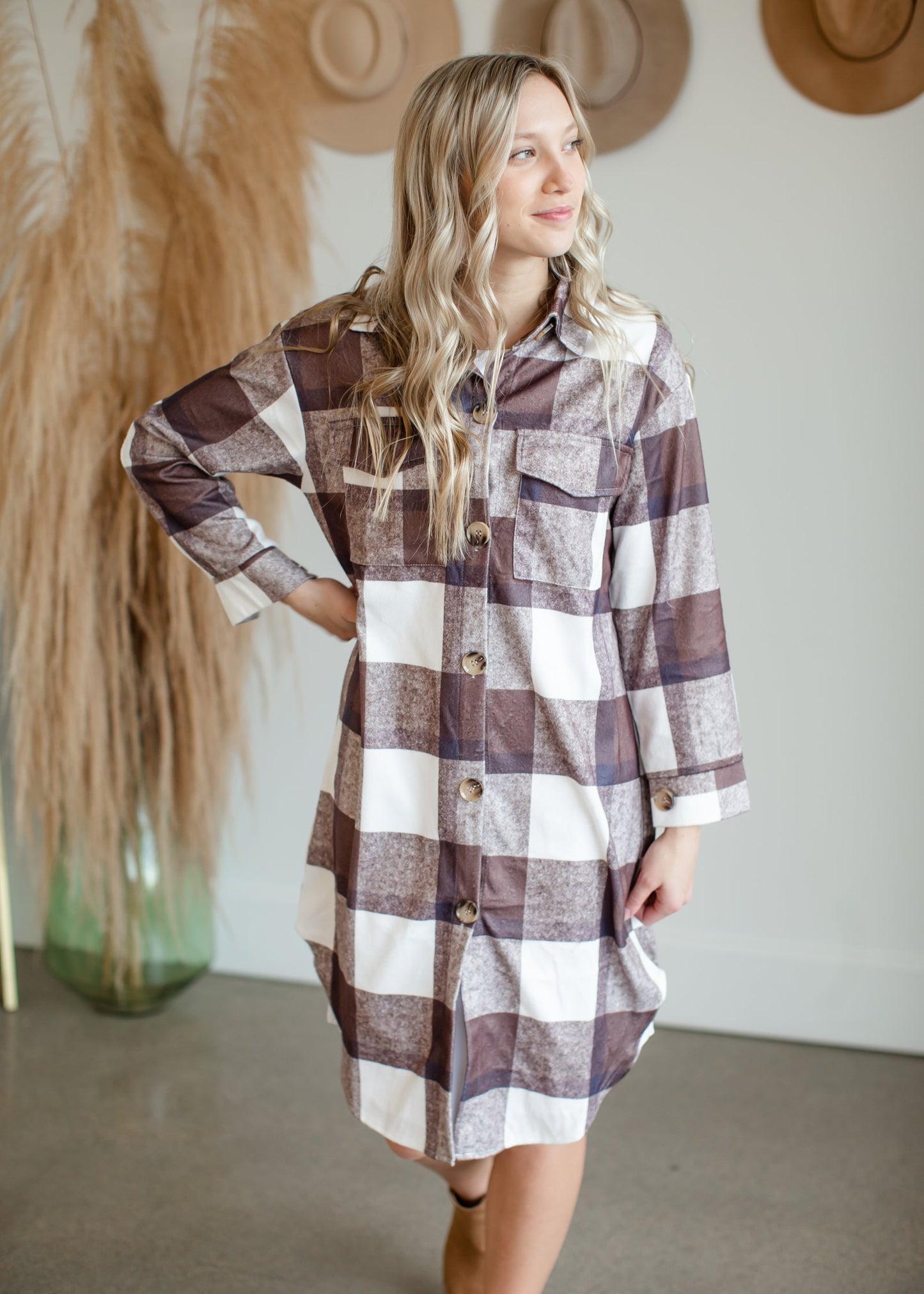 Long Plaid Button Up Shirt Tops May Blue Mocha / S