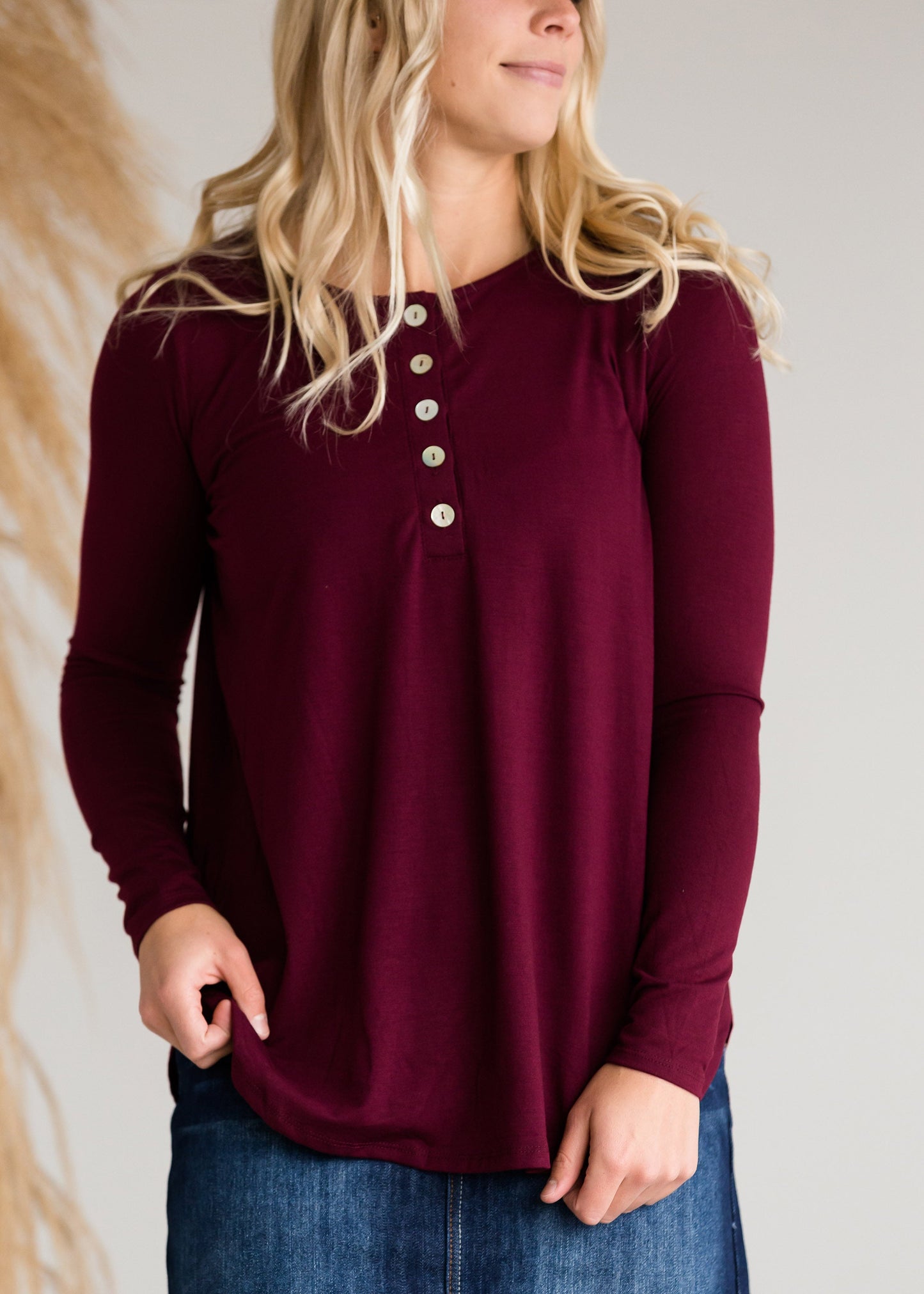 Long Sleeve Shell Button Top - FINAL SALE Tops Burgandy / S
