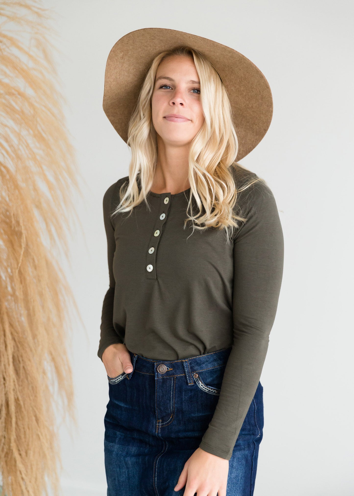 Long Sleeve Shell Button Top - FINAL SALE Tops Olive / S