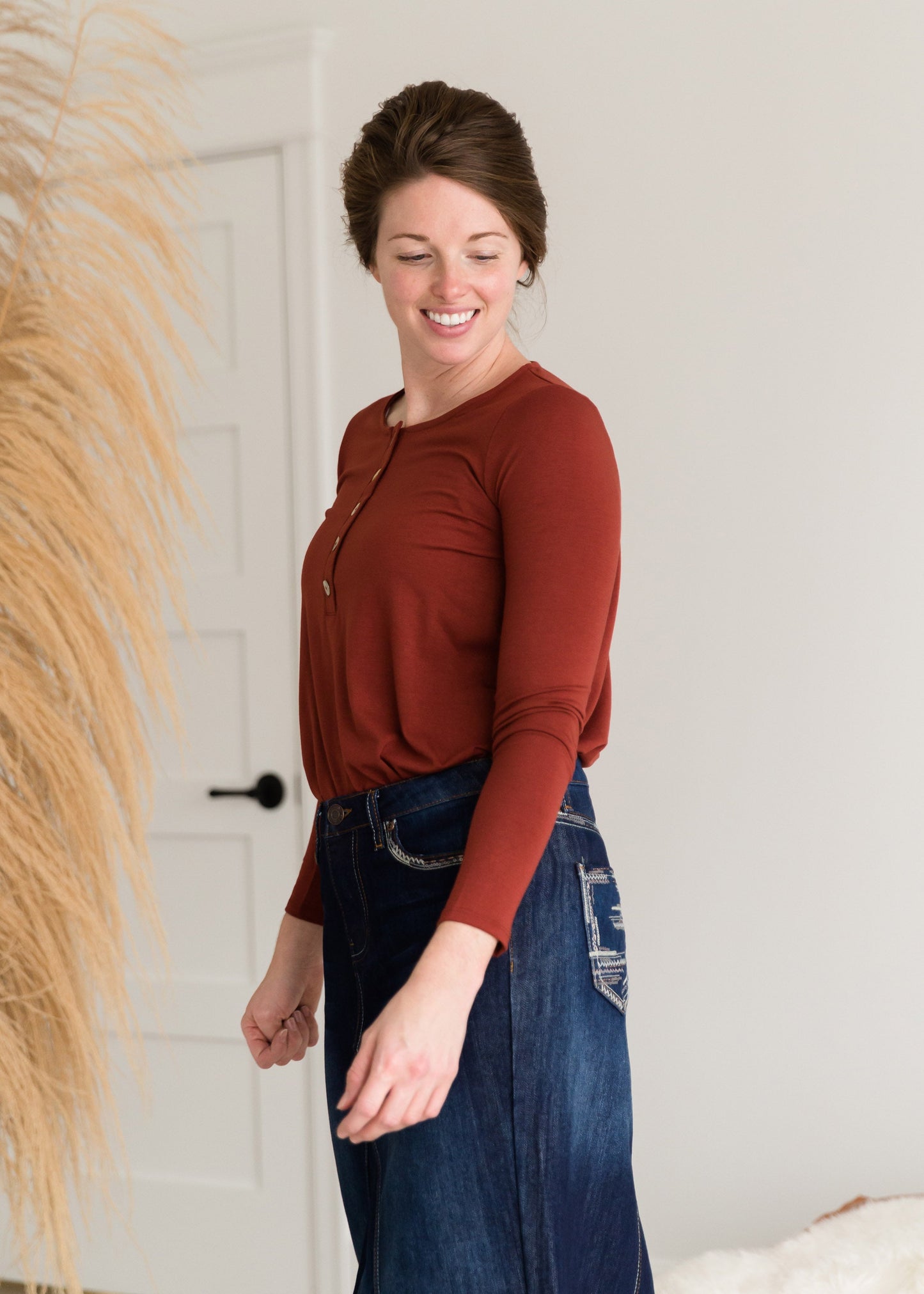 Long Sleeve Shell Button Top - FINAL SALE Tops Rust / S