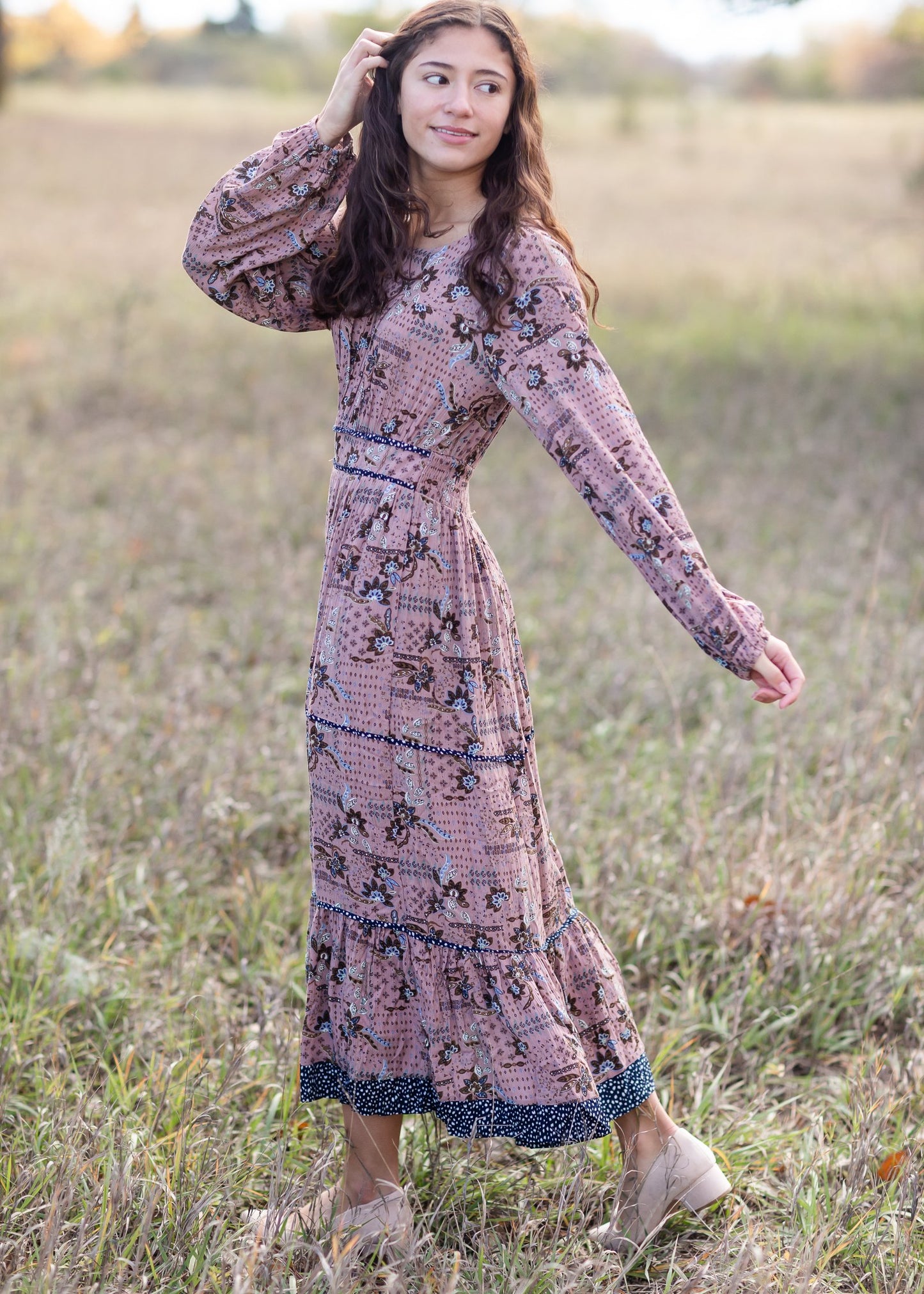 Long Sleeved Tiered Paisley Maxi Dress Dresses Polagram Mauve / S