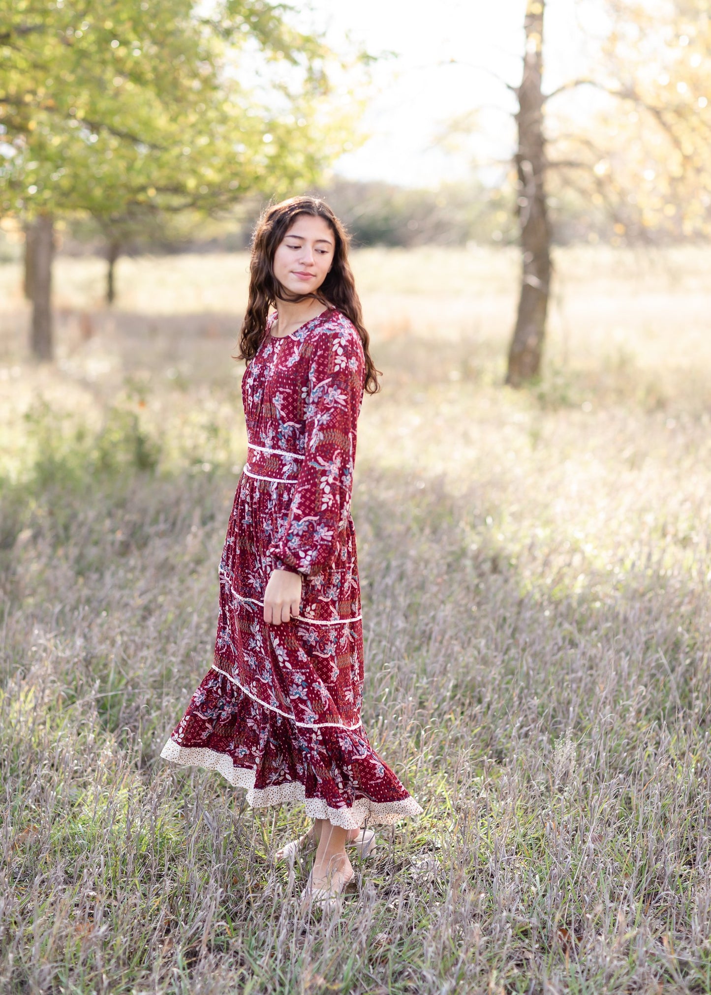 Long Sleeved Tiered Paisley Maxi Dress Dresses Polagram