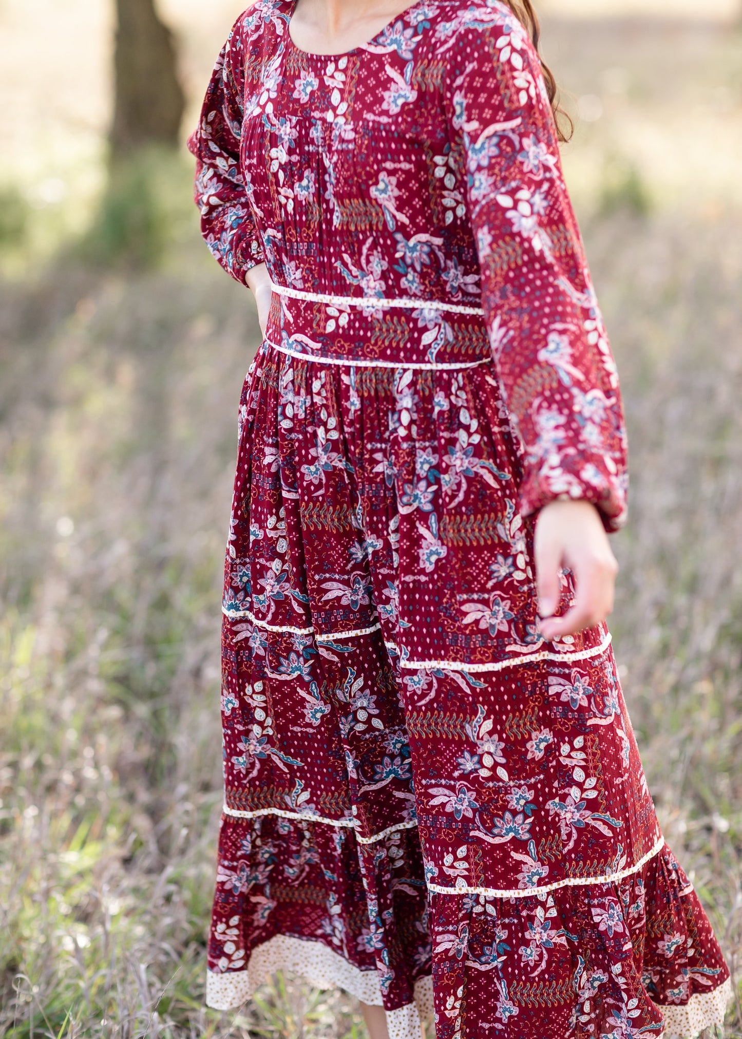 Long Sleeved Tiered Paisley Maxi Dress Dresses Polagram