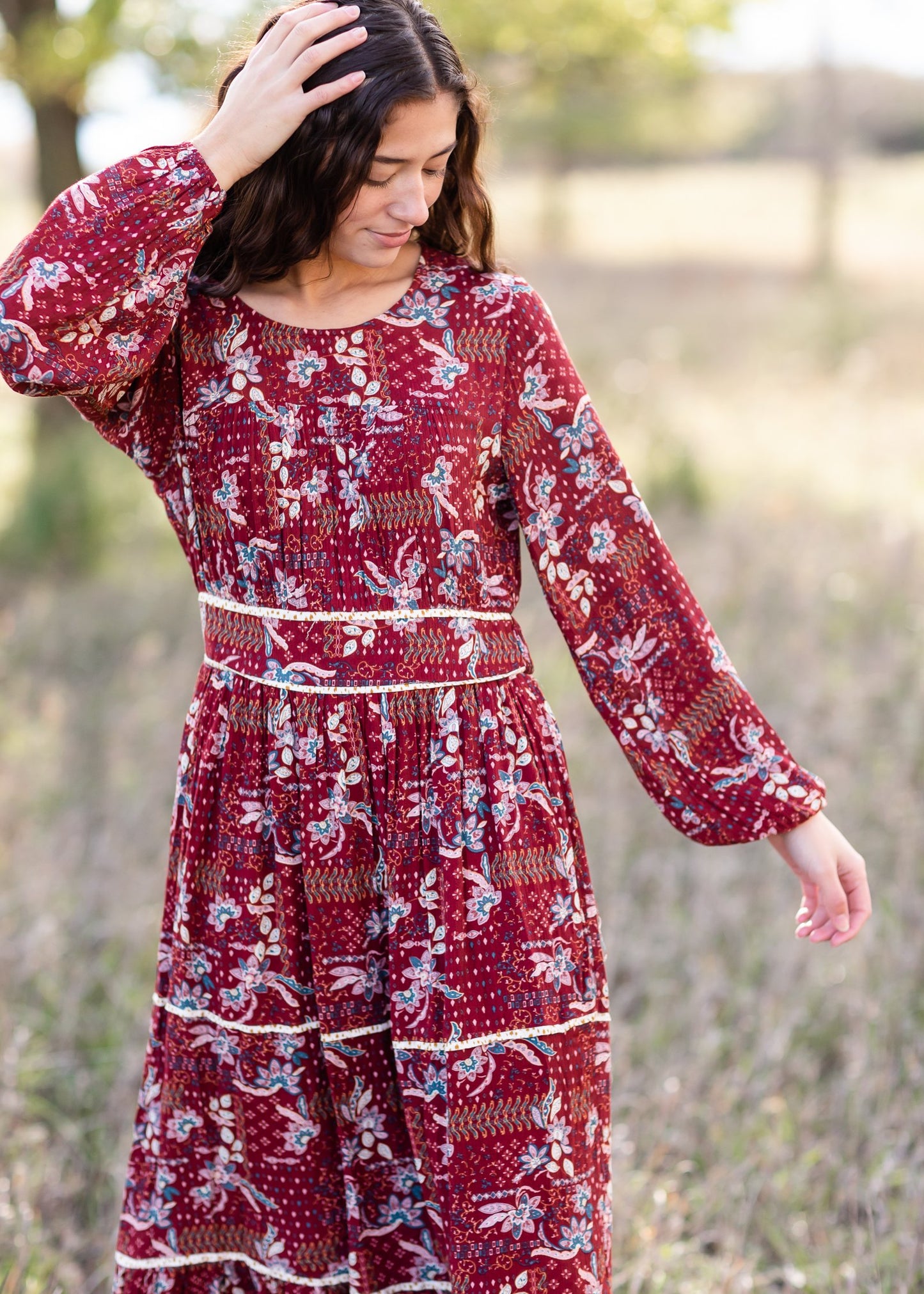 Long Sleeved Tiered Paisley Maxi Dress Dresses Polagram
