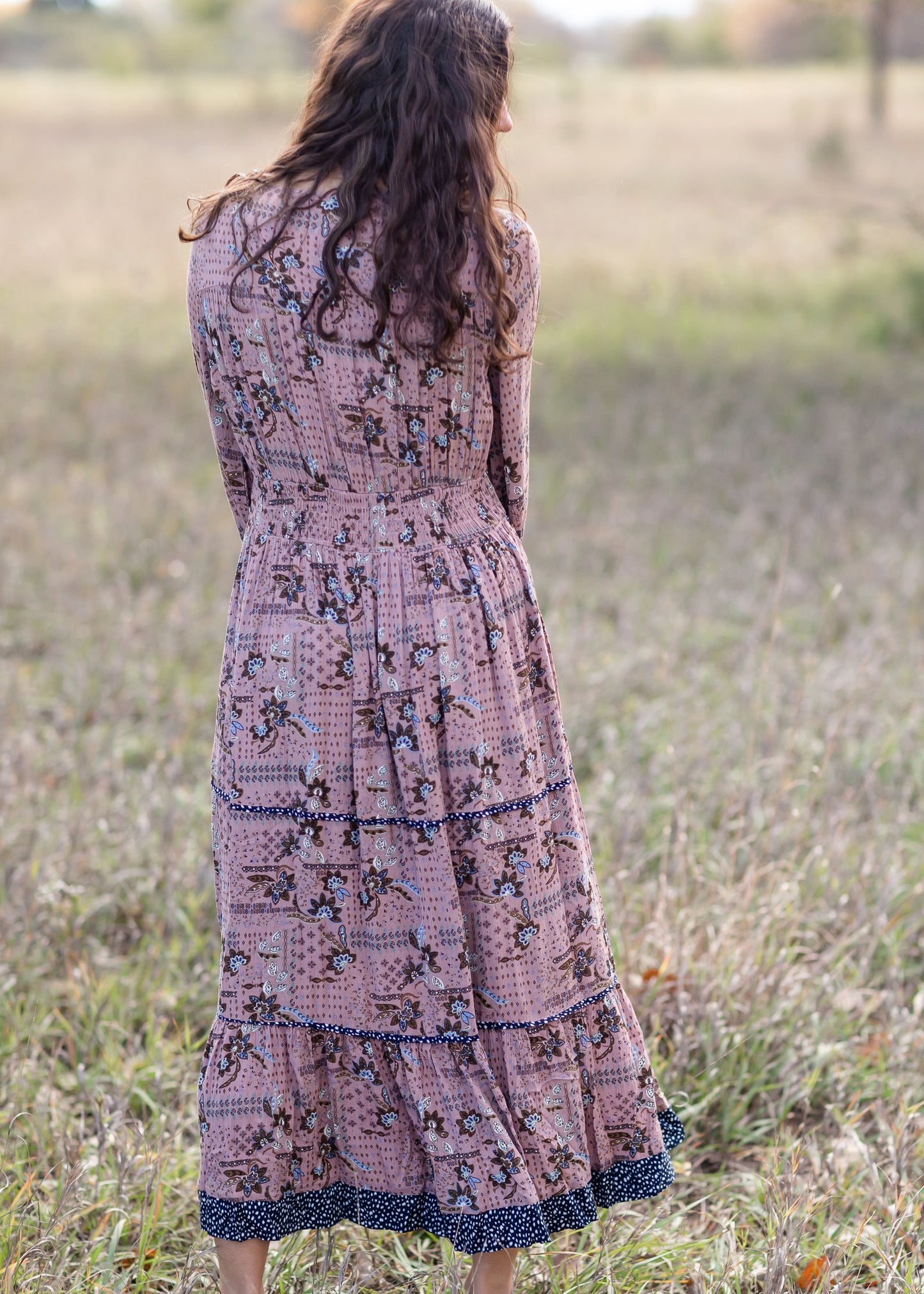 Long Sleeved Tiered Paisley Maxi Dress Dresses Polagram