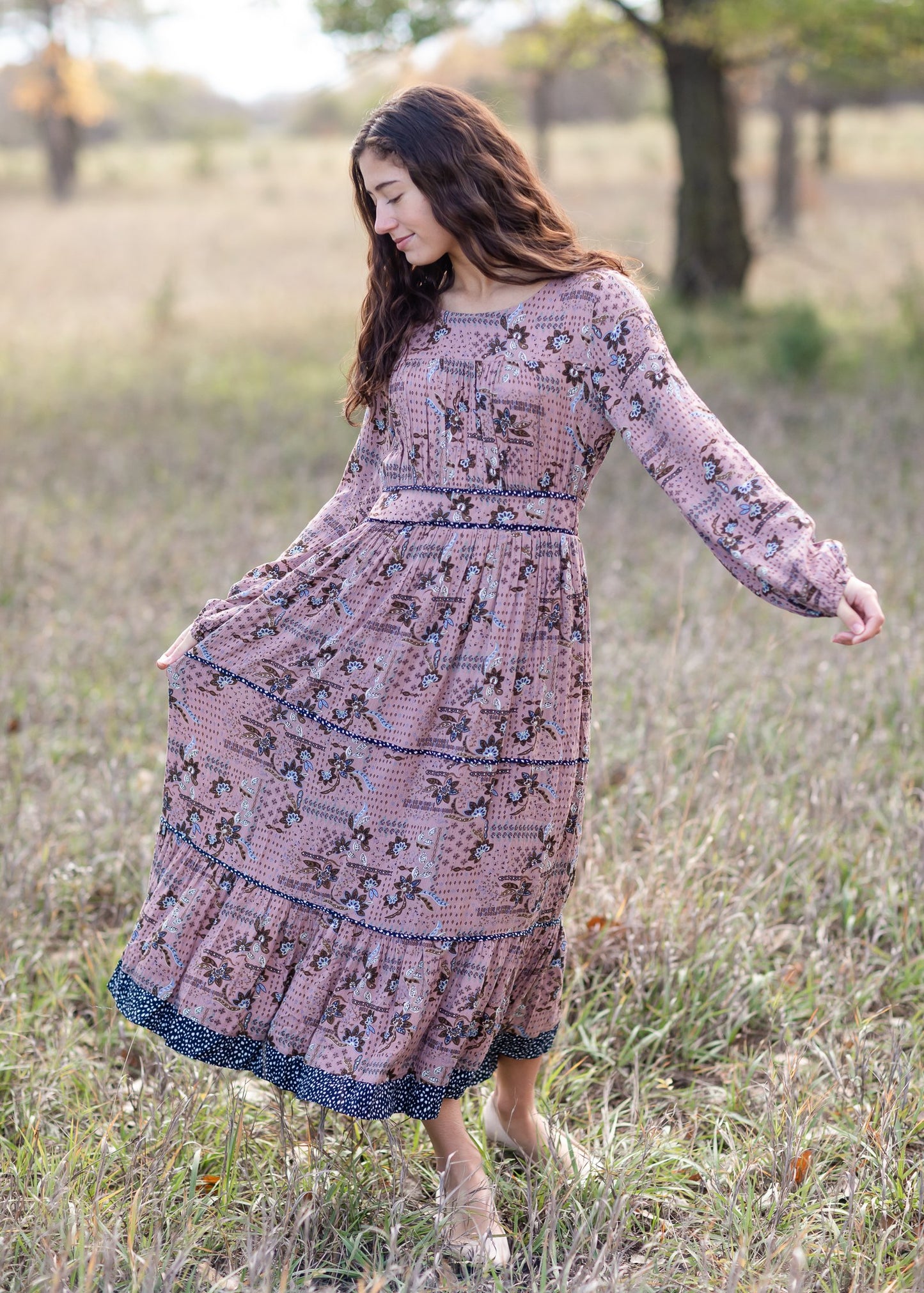 Long Sleeved Tiered Paisley Maxi Dress Dresses Polagram