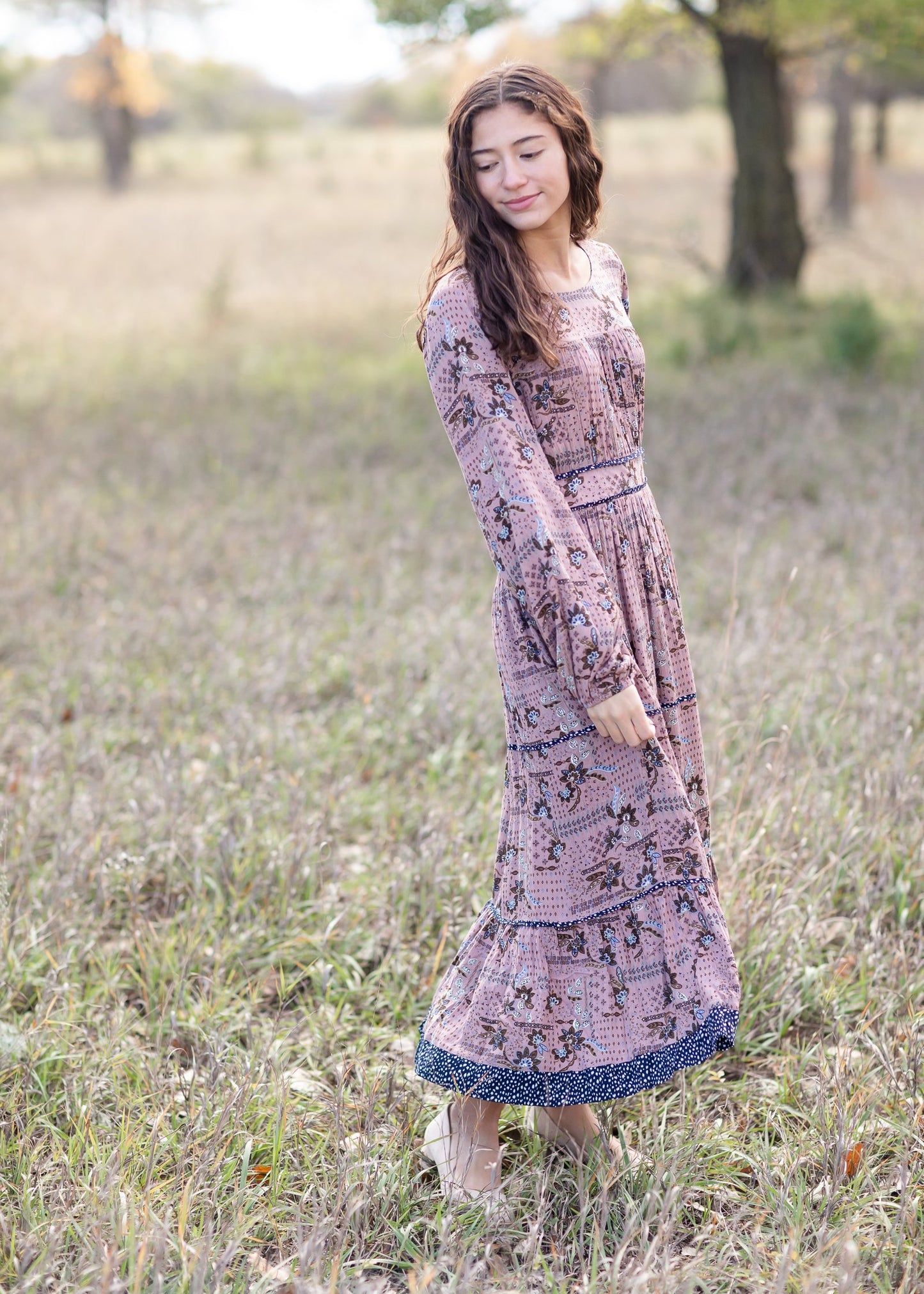Long Sleeved Tiered Paisley Maxi Dress Dresses Polagram