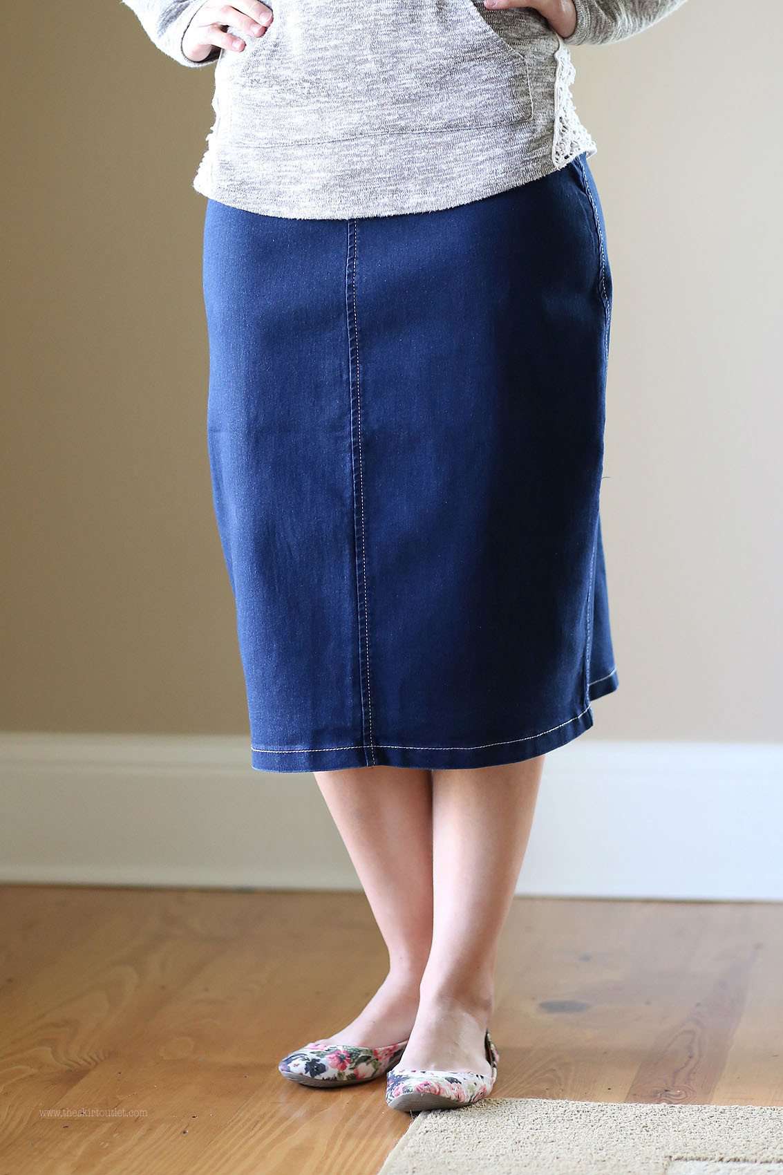 Lounge-N-Denim Skirt | Below Knee Jean Skirt Sizes 4-14